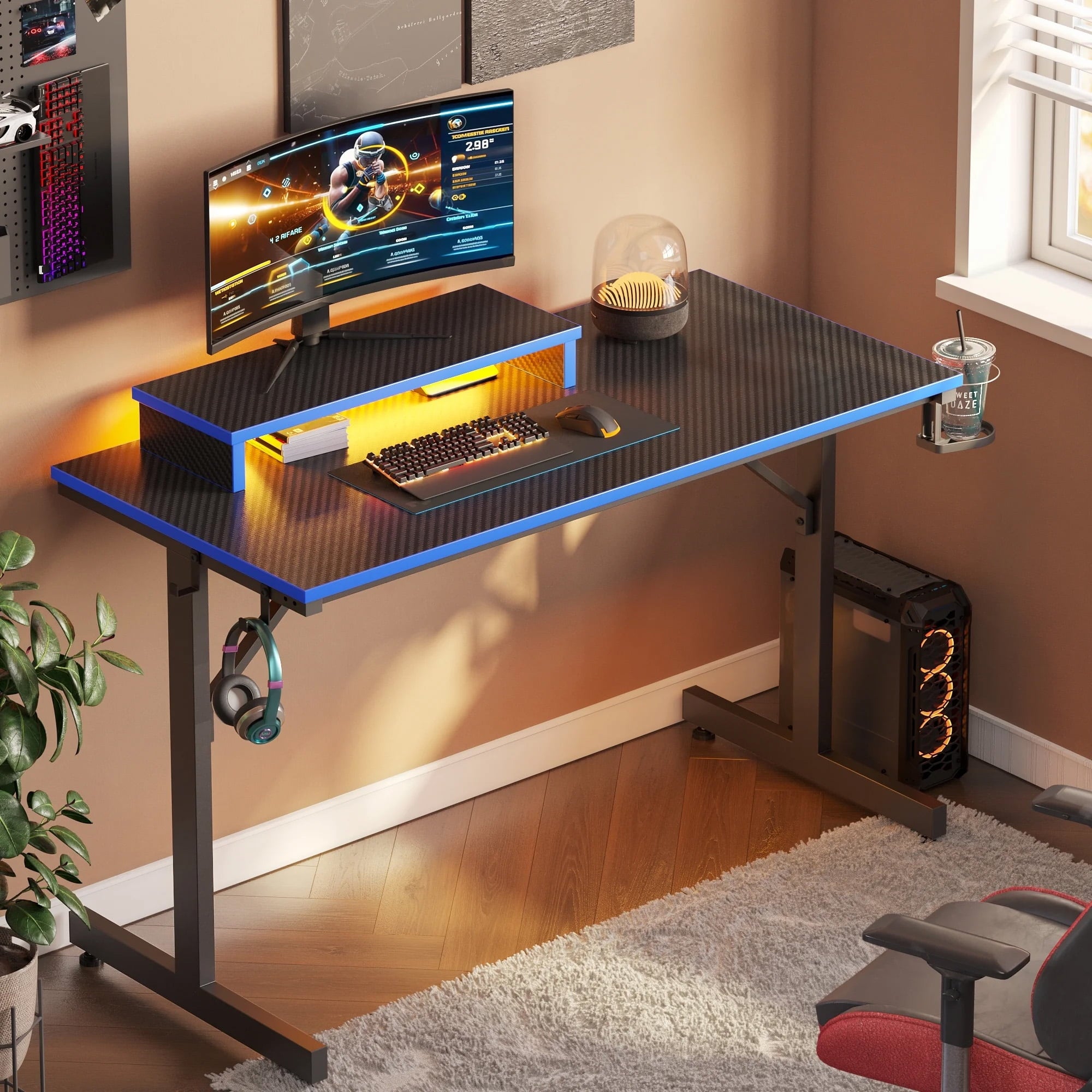 Bestier 42" Gaming Desk PC Computer Office Gamer Table Desk with LED Lights &amp; Monitor Stand in Red