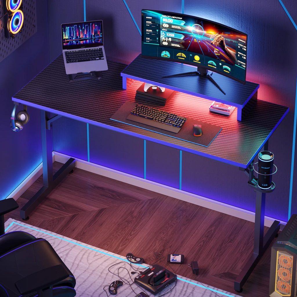 Bestier 42" Gaming Desk PC Computer Office Gamer Table Desk with LED Lights &amp; Monitor Stand in Red