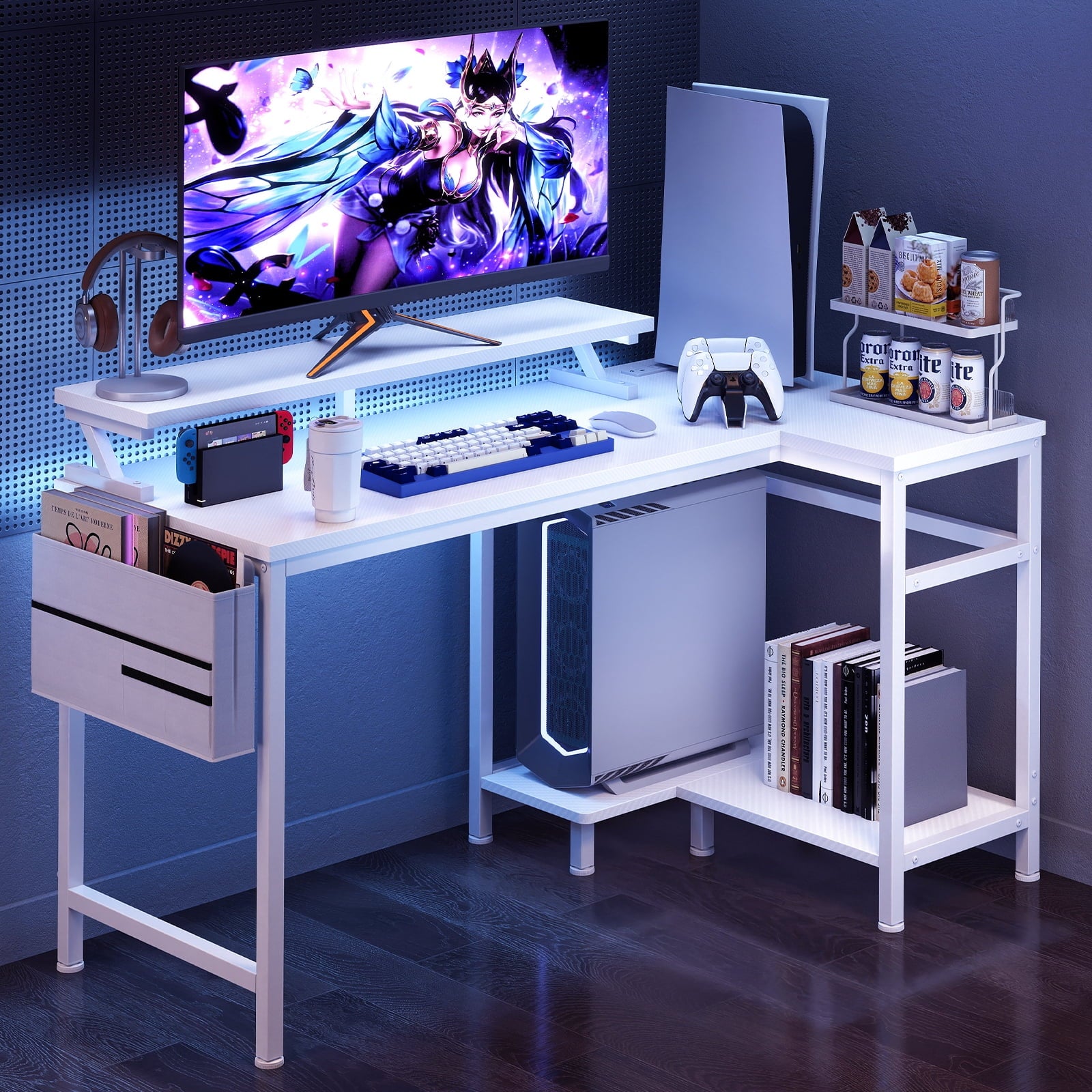 CONCETTA 40" L Shaped Gaming Desk with USB Charging, LED Lights, Power Outlets, Large Storage space, Monitor Stand, White