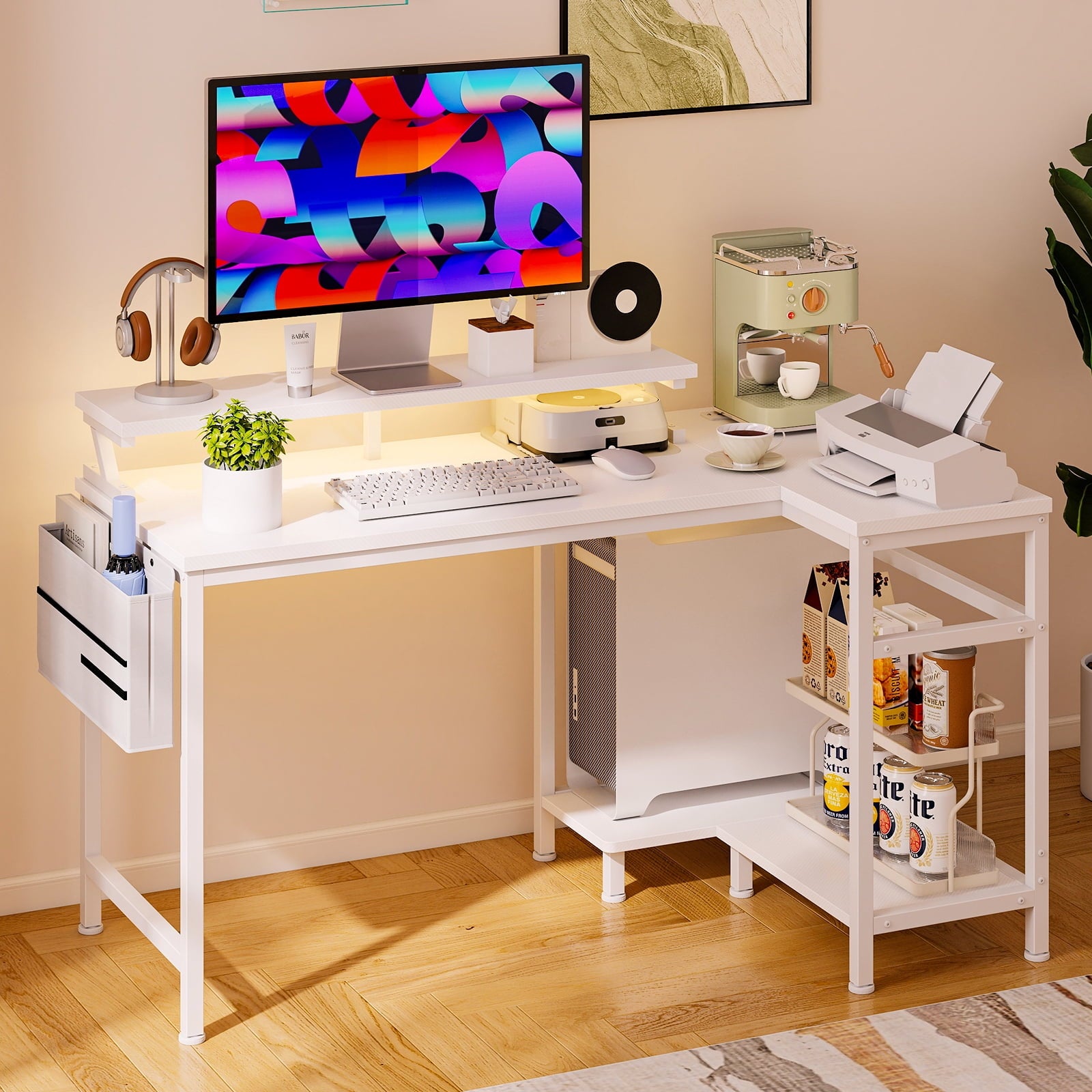 CONCETTA 40" L Shaped Gaming Desk with USB Charging, LED Lights, Power Outlets, Large Storage space, Monitor Stand, White