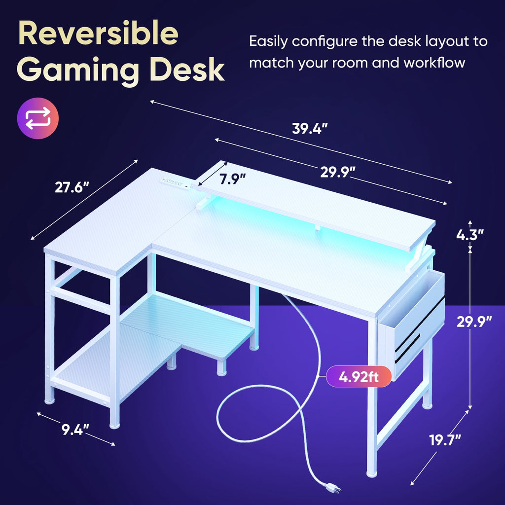 CONCETTA 40" L Shaped Gaming Desk with USB Charging, LED Lights, Power Outlets, Large Storage space, Monitor Stand, White