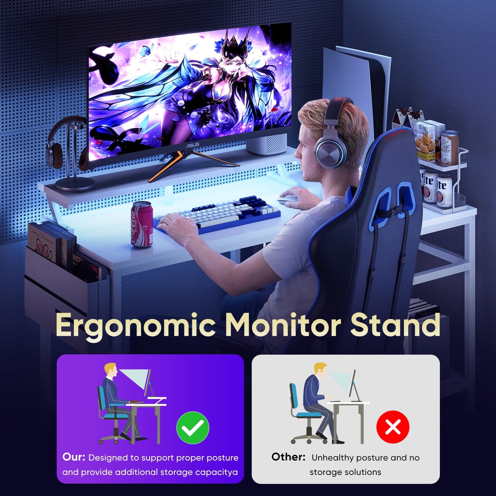 CONCETTA 40" L Shaped Gaming Desk with USB Charging, LED Lights, Power Outlets, Large Storage space, Monitor Stand, White