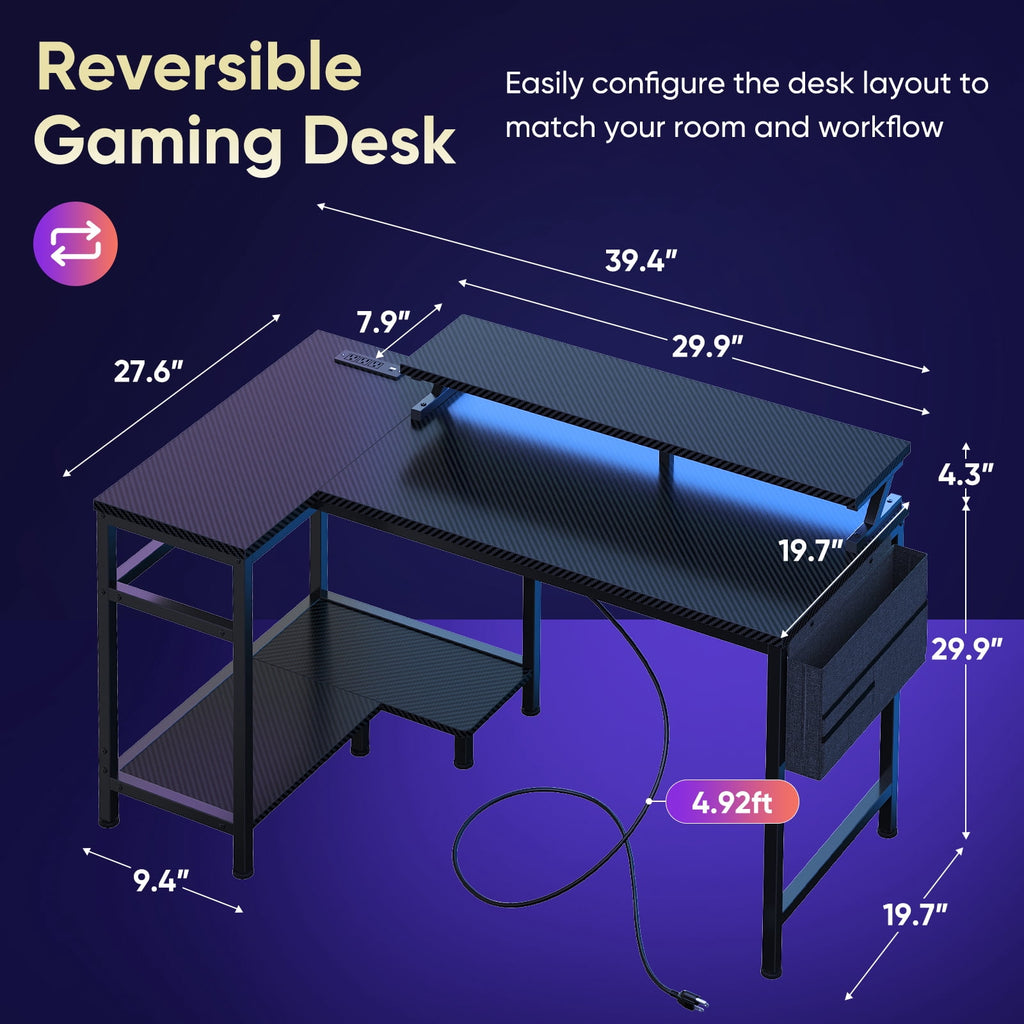 CONCETTA 40" L Shaped Gaming Desk with USB Charging, LED Lights, Power Outlets, Large Storage space, Monitor Stand, White