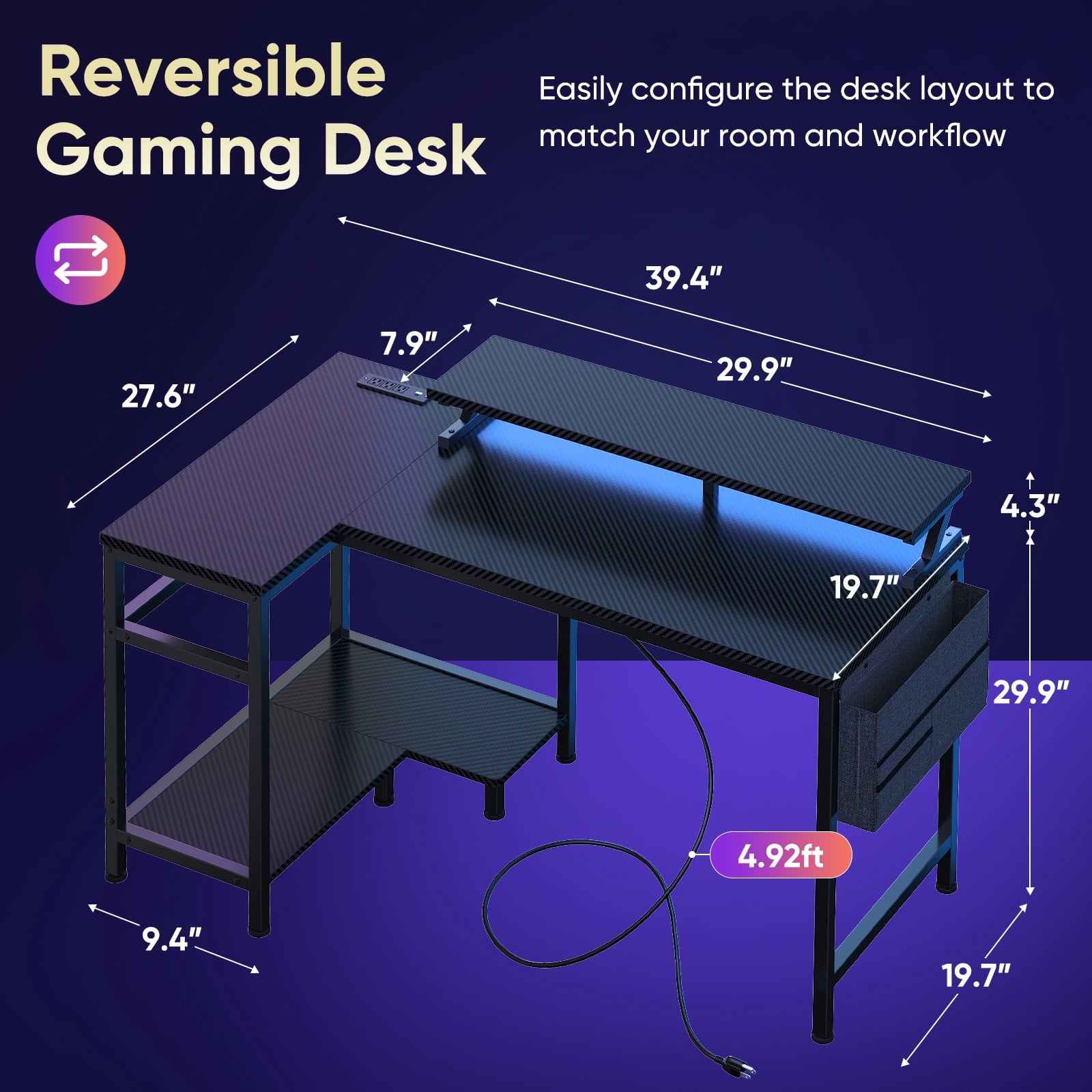 CONCETTA 40" L Shaped Gaming Desk with USB Charging, LED Lights, Power Outlets, Large Storage space, Monitor Stand, White