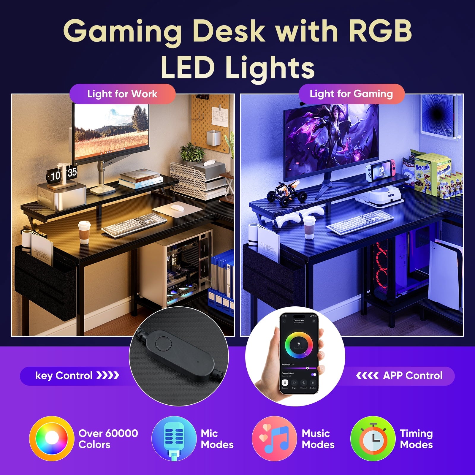 CONCETTA 40" L Shaped Gaming Desk with USB Charging, LED Lights, Power Outlets, Large Storage space, Monitor Stand, White