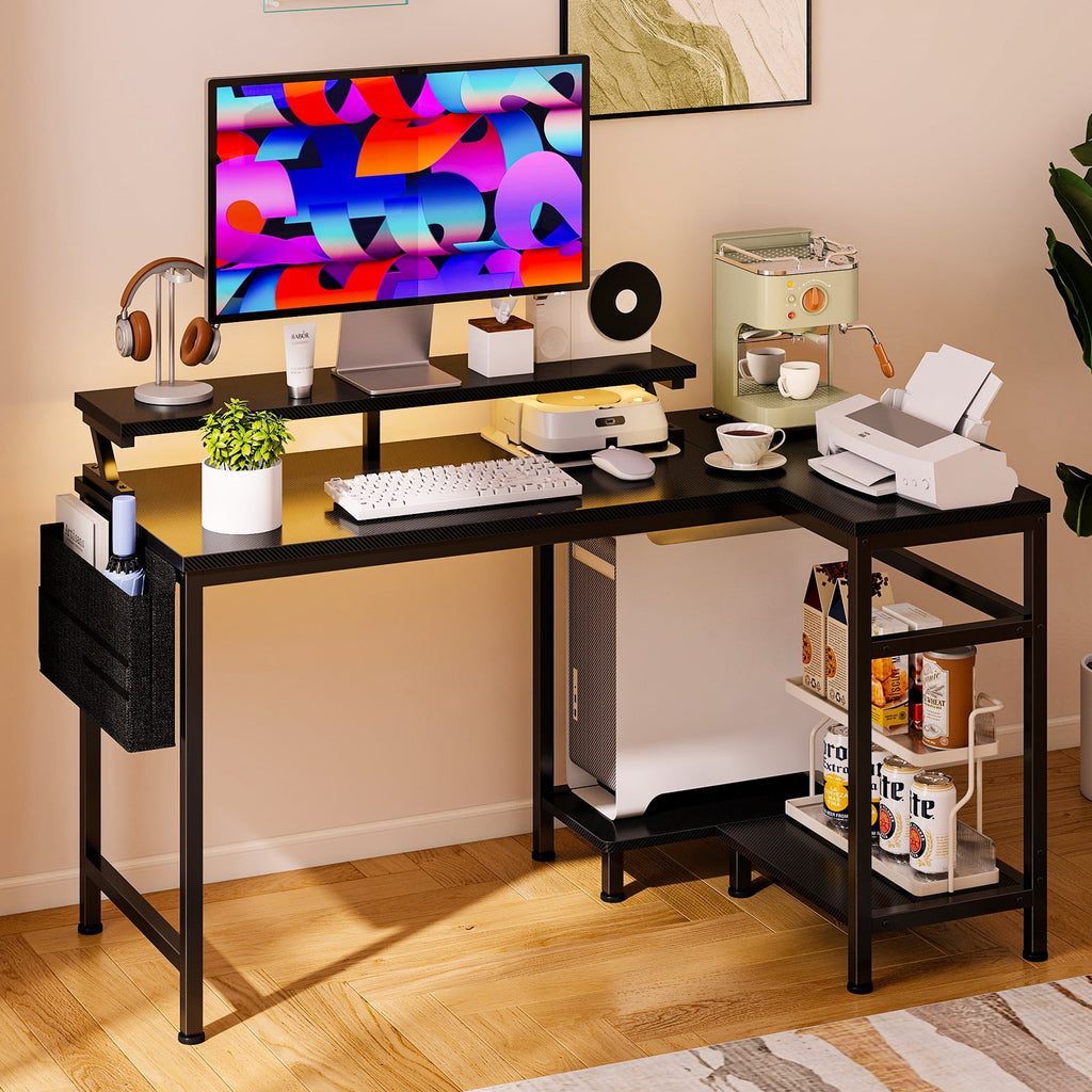CONCETTA 40" L Shaped Gaming Desk with USB Charging, LED Lights, Power Outlets, Large Storage space, Monitor Stand, White
