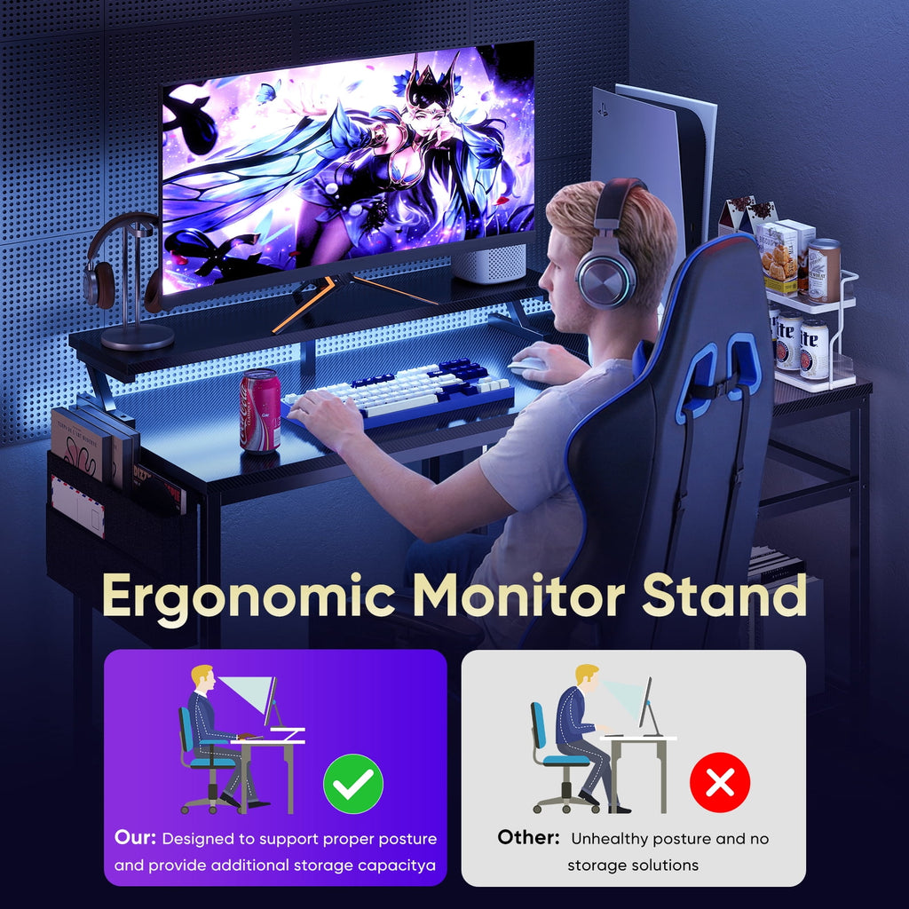 CONCETTA 40" L Shaped Gaming Desk with USB Charging, LED Lights, Power Outlets, Large Storage space, Monitor Stand, White