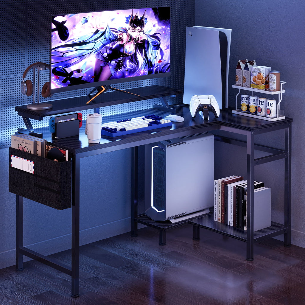 CONCETTA 40" L Shaped Gaming Desk with USB Charging, LED Lights, Power Outlets, Large Storage space, Monitor Stand, White