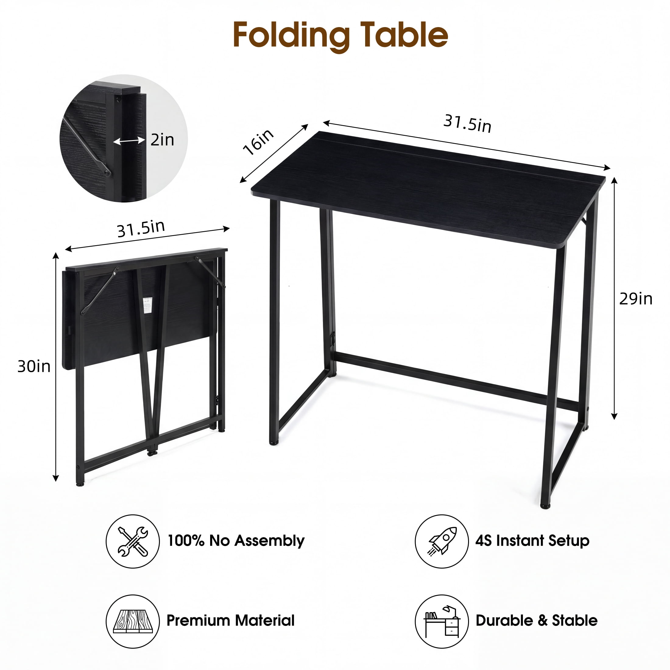 EDX Folding Computer Desk, 31.5 Inch Compact Foldable Writing Workstation for Small Spaces, Easy Assembly Space-Saving Home Office Table, Oak Finish,Black