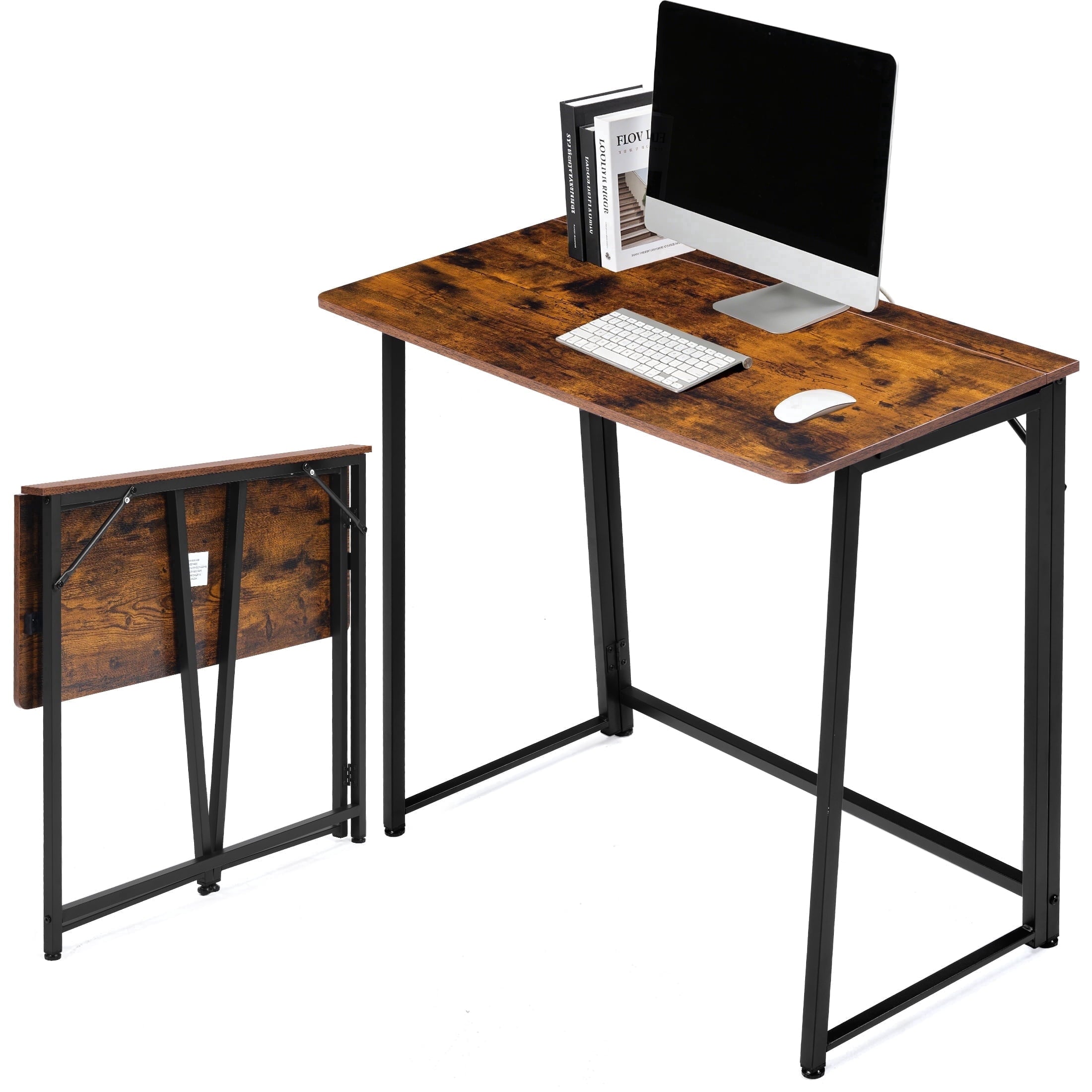 EDX Folding Computer Desk, 31.5 Inch Compact Foldable Writing Workstation for Small Spaces, Easy Assembly Space-Saving Home Office Table, Oak Finish,Black