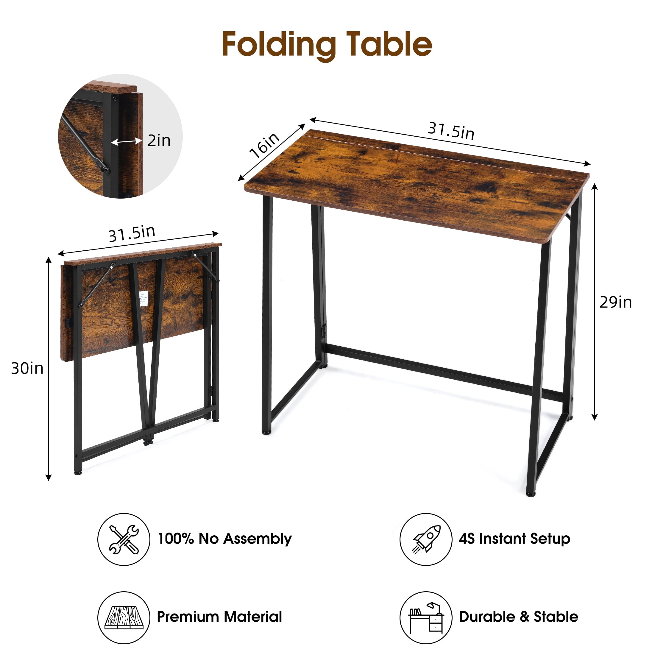 EDX Folding Computer Desk, 31.5 Inch Compact Foldable Writing Workstation for Small Spaces, Easy Assembly Space-Saving Home Office Table, Oak Finish,Black