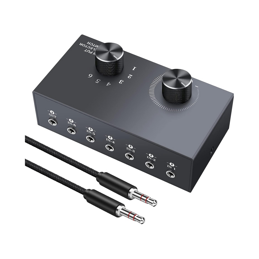 6 Ports 3.5mm Audio Switch Bidirectional 3.5mm Audio Switcher Support 1 in 6 Out or 6 in 1 Out,for PC Phone Headphone