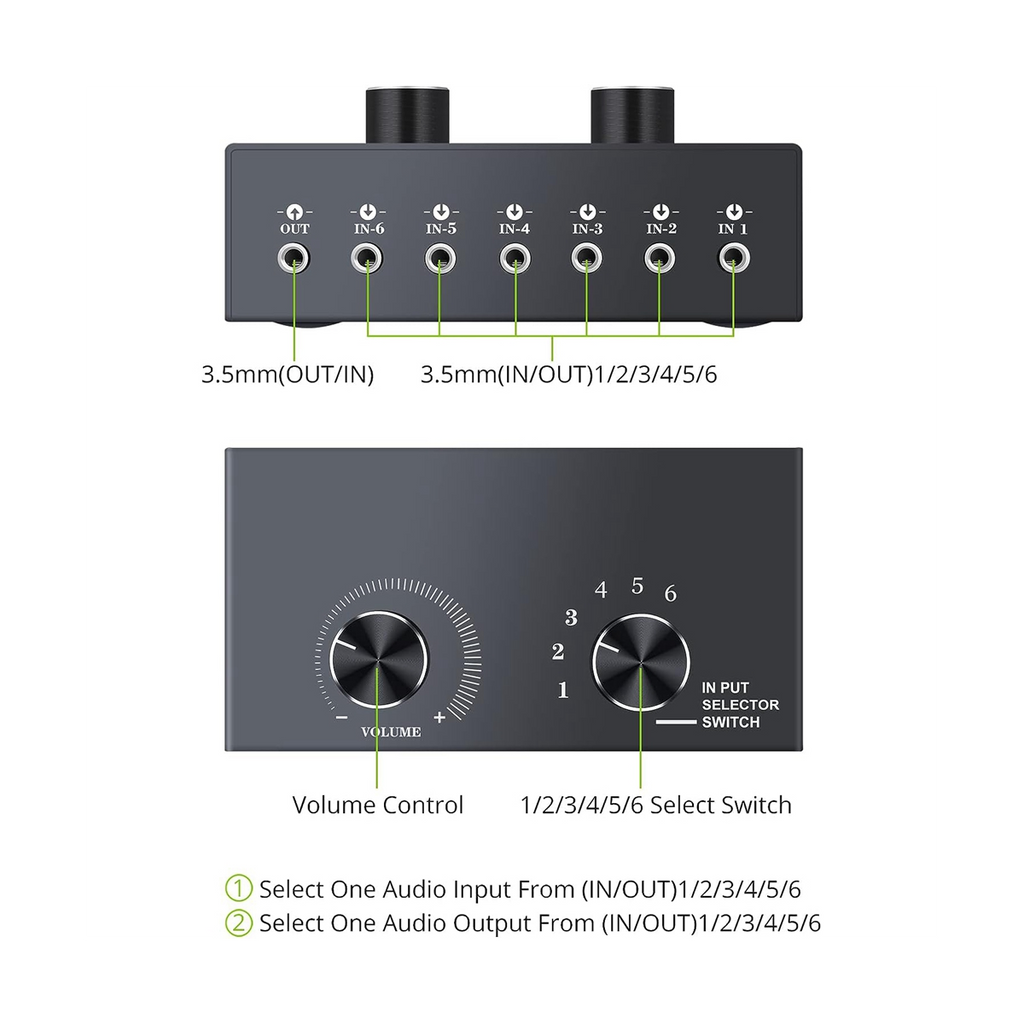 6 Ports 3.5mm Audio Switch Bidirectional 3.5mm Audio Switcher Support 1 in 6 Out or 6 in 1 Out,for PC Phone Headphone