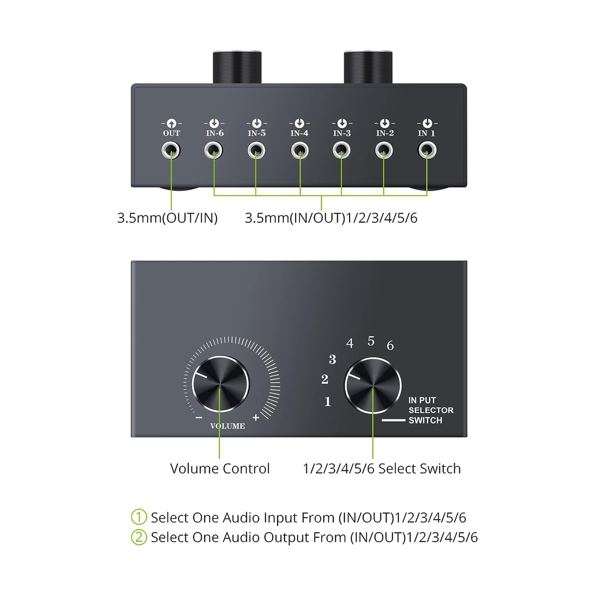 6 Ports 3.5mm Audio Switch Bidirectional 3.5mm Audio Switcher Support 1 in 6 Out or 6 in 1 Out,for PC Phone Headphone