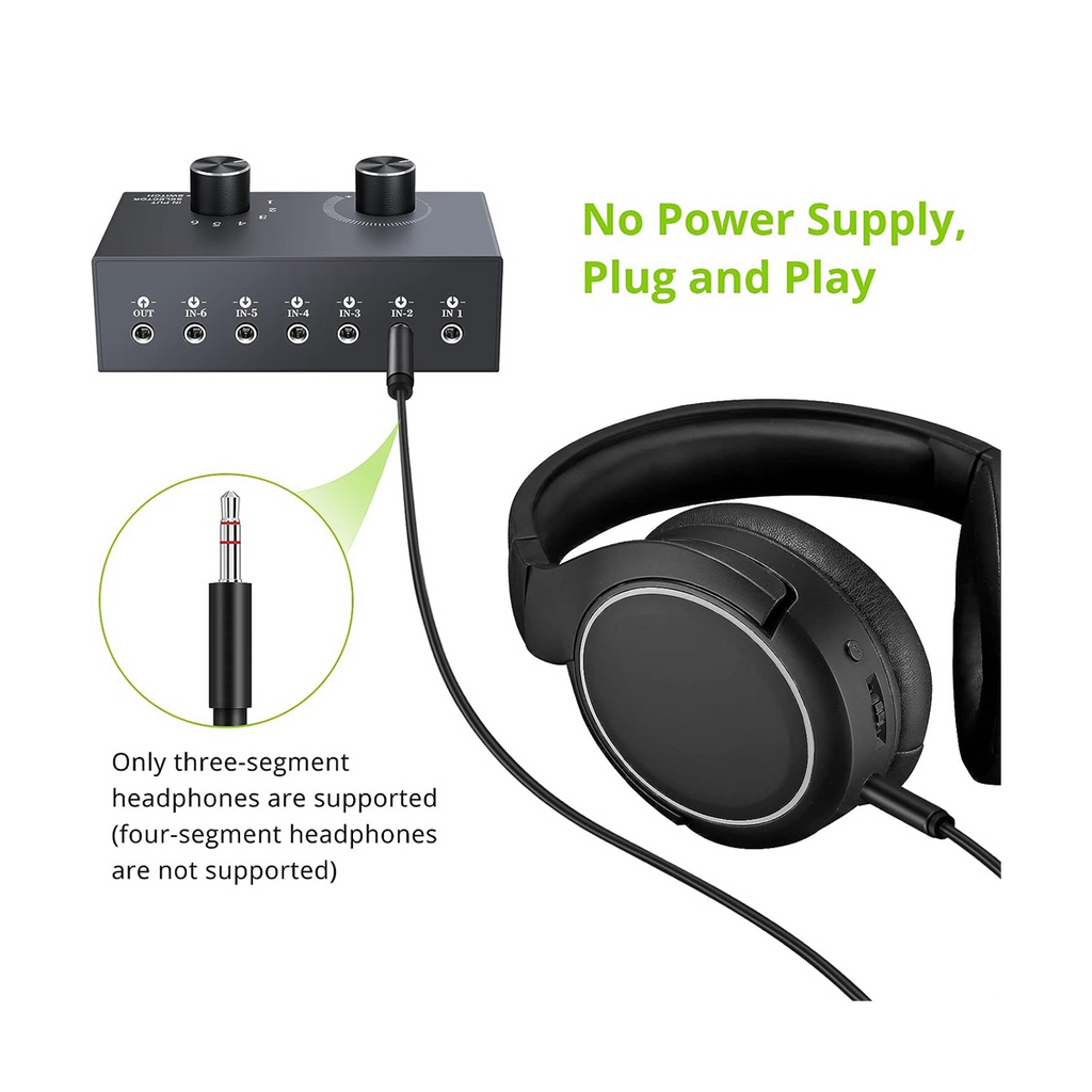 6 Ports 3.5mm Audio Switch Bidirectional 3.5mm Audio Switcher Support 1 in 6 Out or 6 in 1 Out,for PC Phone Headphone