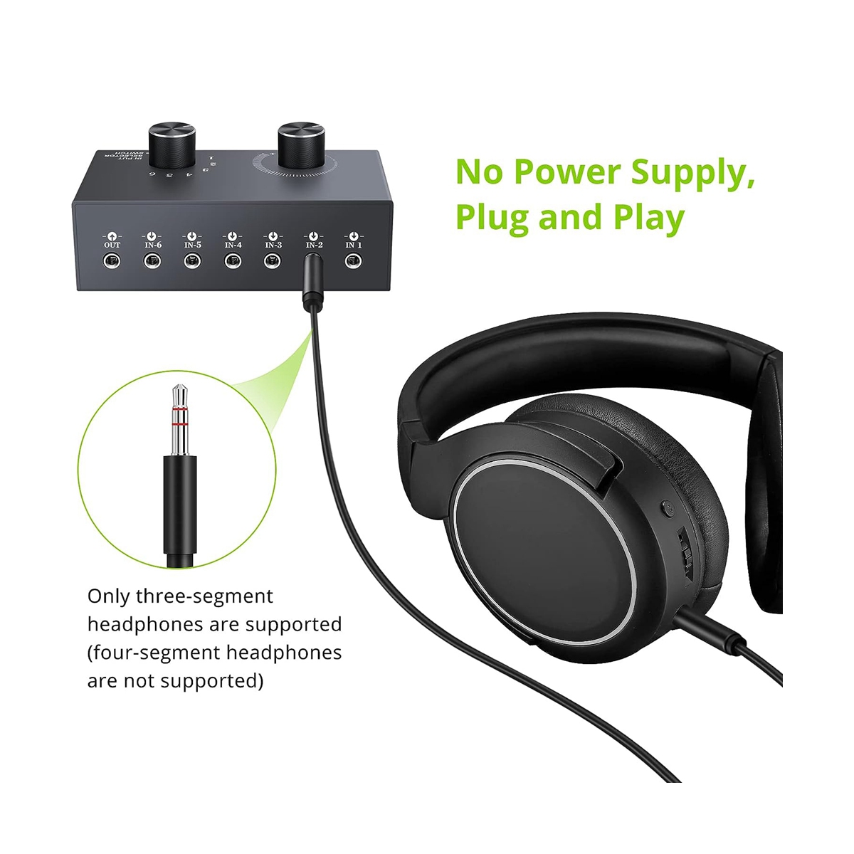 6 Ports 3.5mm Audio Switch Bidirectional 3.5mm Audio Switcher Support 1 in 6 Out or 6 in 1 Out,for PC Phone Headphone