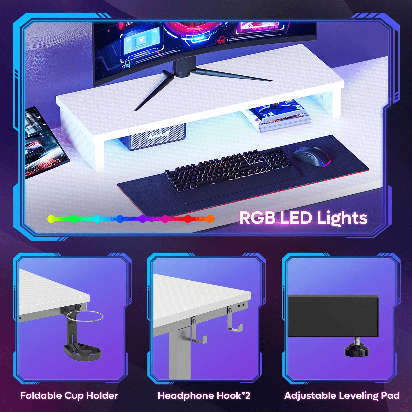 Bestier 42 inch LED Gaming Desk with Monitor Stand PC Computer Gamer Home Office Table in White