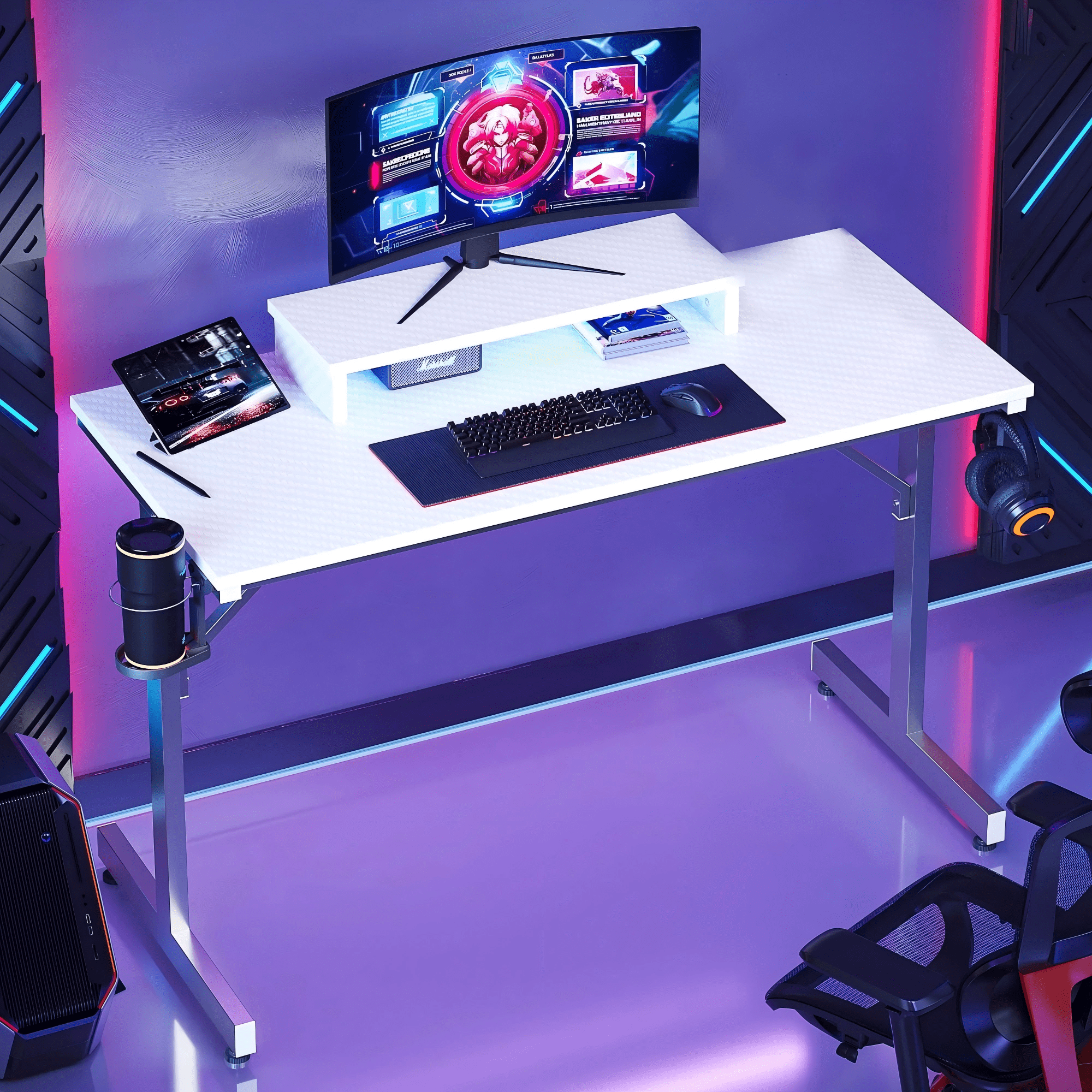 Bestier 42 inch LED Gaming Desk with Monitor Stand PC Computer Gamer Home Office Table in White