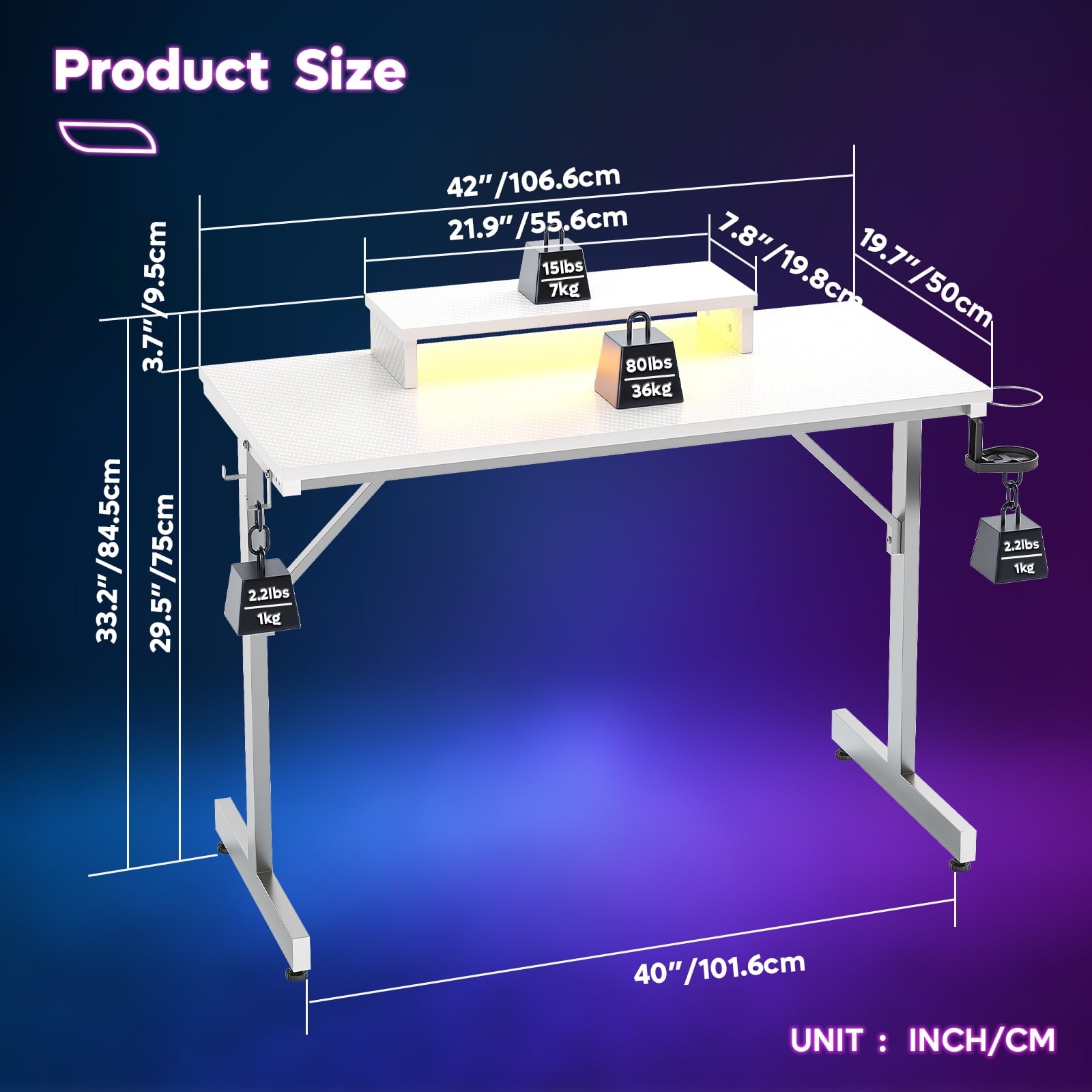 Bestier 42 inch LED Gaming Desk with Monitor Stand PC Computer Gamer Home Office Table in White