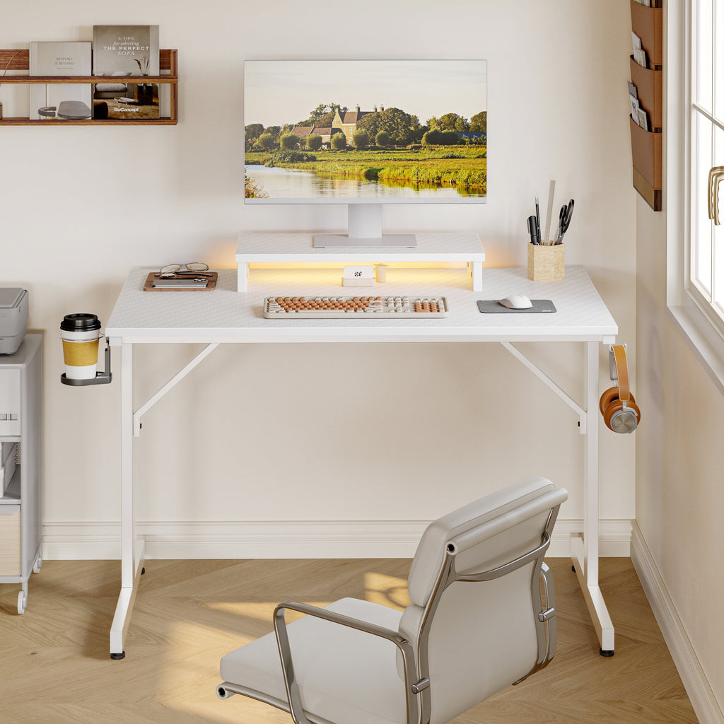 Bestier 42 inch LED Gaming Desk with Monitor Stand PC Computer Gamer Home Office Table in White