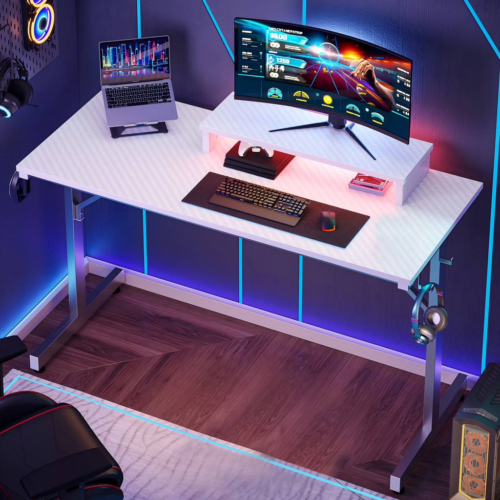 Bestier 42 inch LED Gaming Desk with Monitor Stand PC Computer Gamer Home Office Table in White