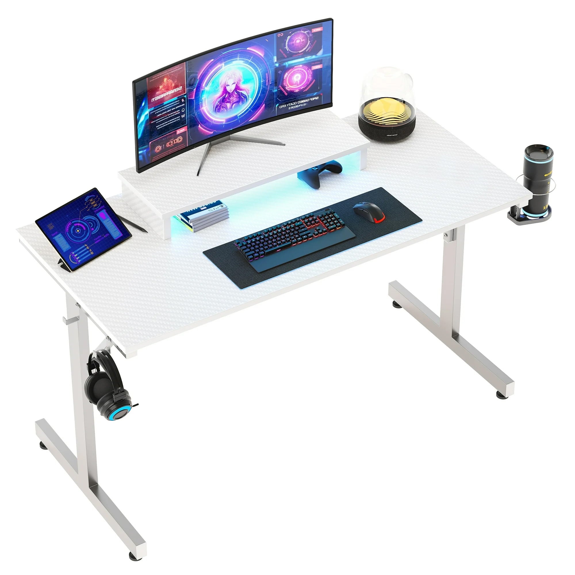 Bestier 42 inch LED Gaming Desk with Monitor Stand PC Computer Gamer Home Office Table in White