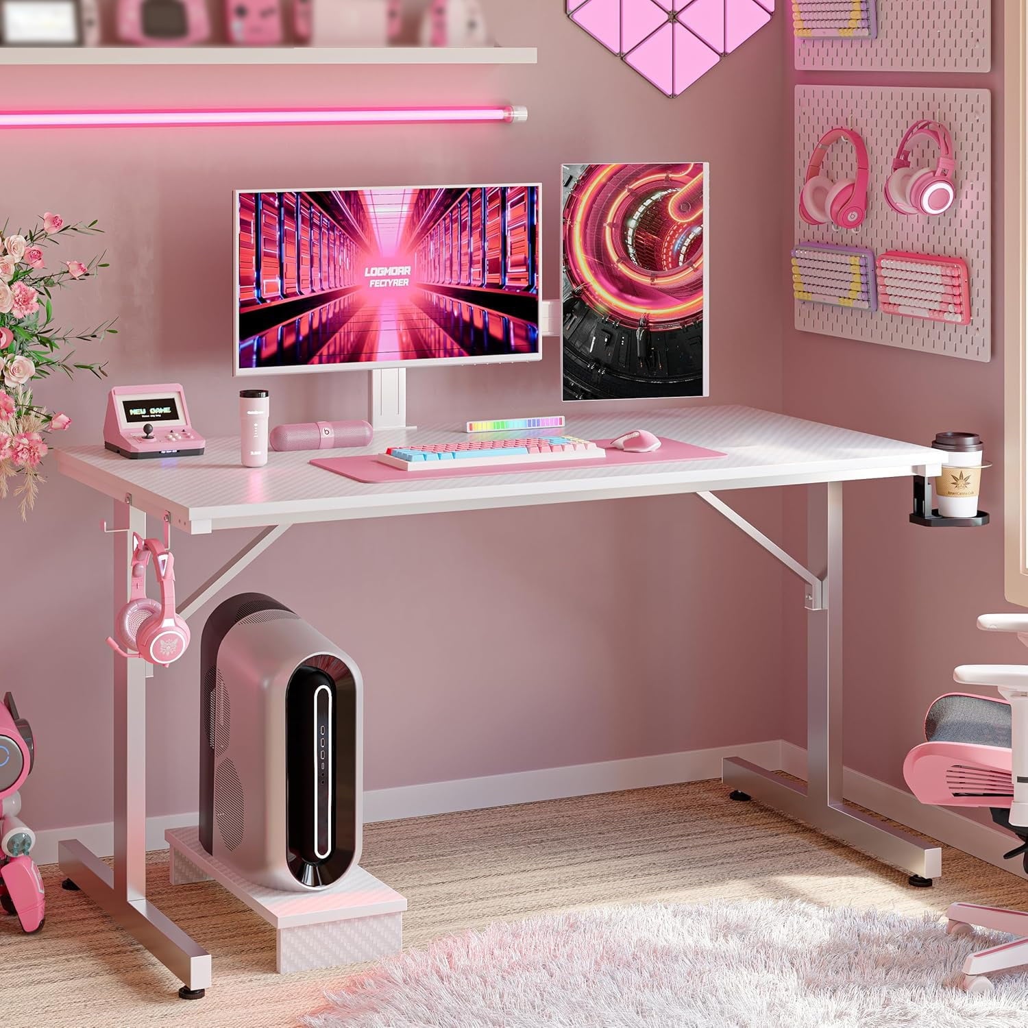 Bestier 42 inch LED Gaming Desk with Monitor Stand PC Computer Gamer Home Office Table in White