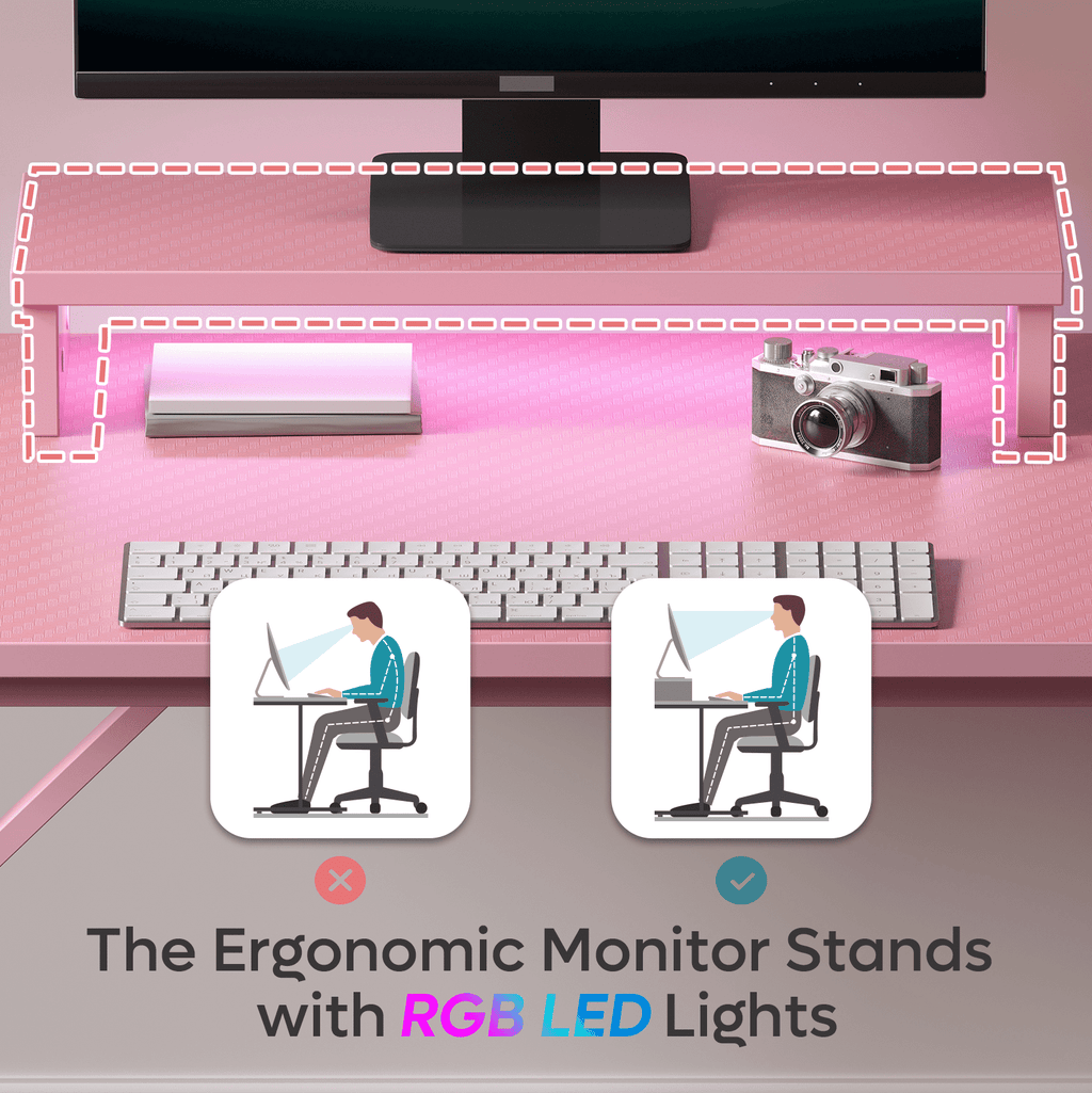 Bestier 42 inch LED Gaming Desk with Monitor Stand PC Computer Gamer Home Office Table in White