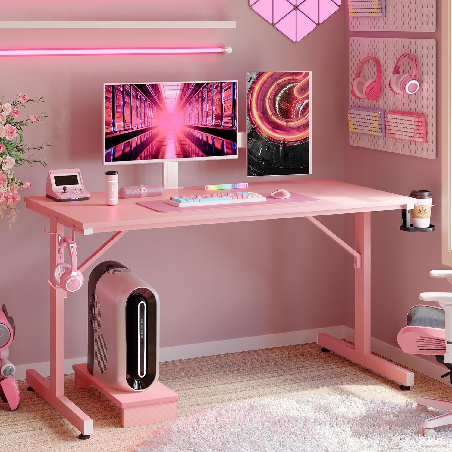 Bestier 42 inch LED Gaming Desk with Monitor Stand PC Computer Gamer Home Office Table in White