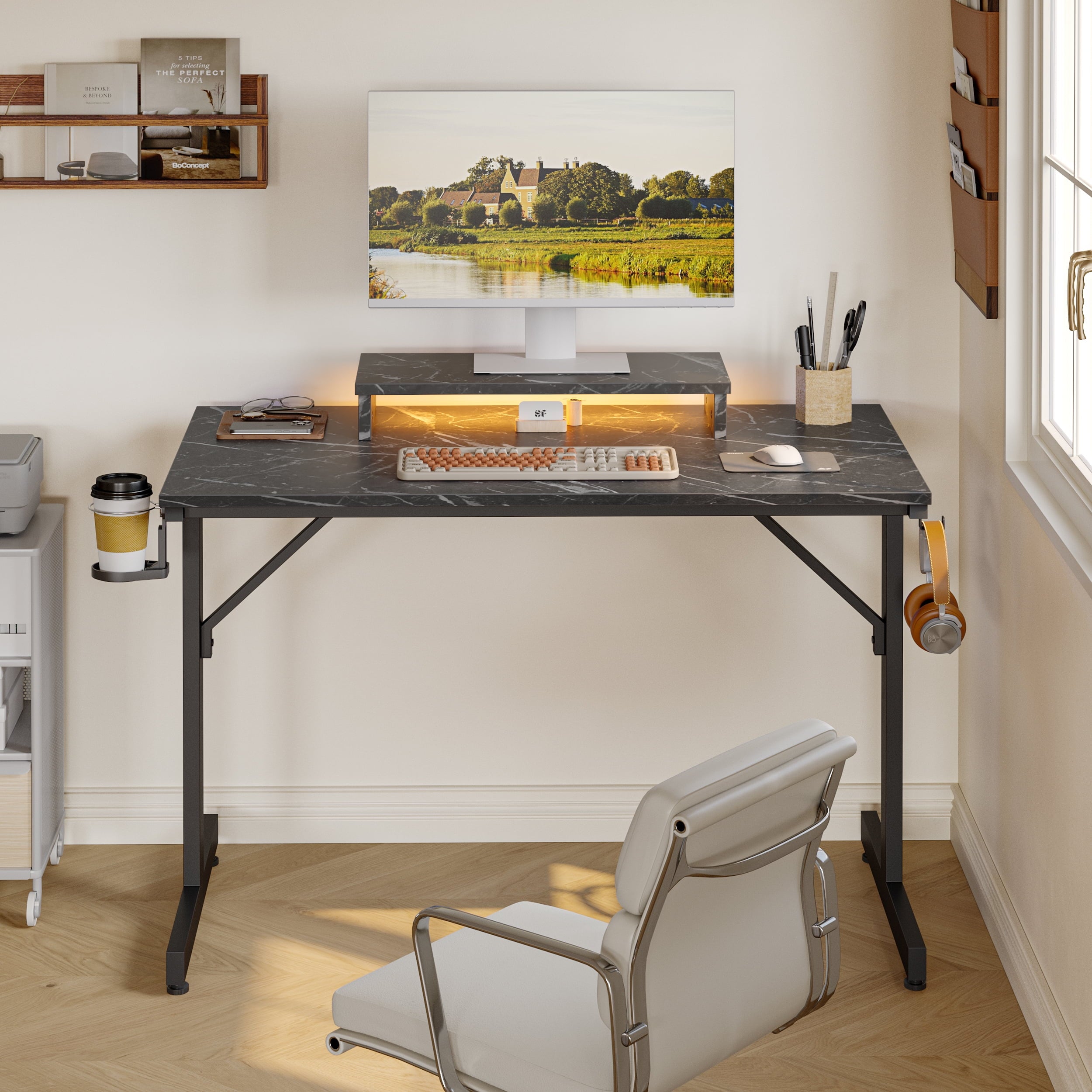 Bestier 42 inch LED Gaming Desk with Monitor Stand PC Computer Gamer Home Office Table in White