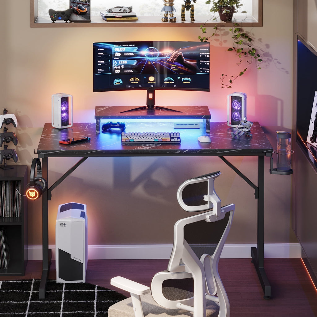 Bestier 42 inch LED Gaming Desk with Monitor Stand PC Computer Gamer Home Office Table in White