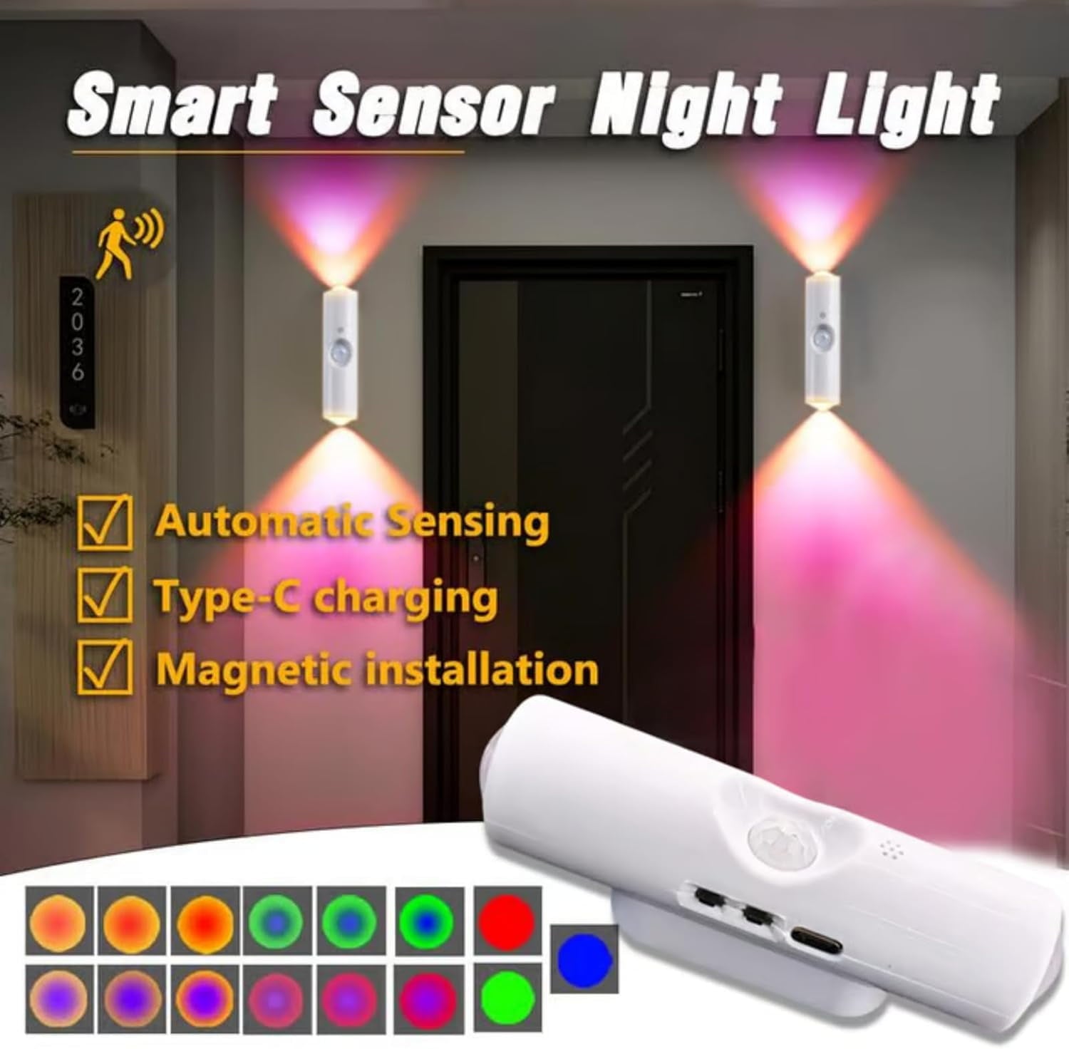 Rechargeable Smart LED Motion Sensor Ambient Light, Rechargeable Dynamic RGB LED Wall Lamp, Magnetic Mount, Punch-Free Color Changing Motion Sensor Light for Stairs, Wardrobe, Cabinet