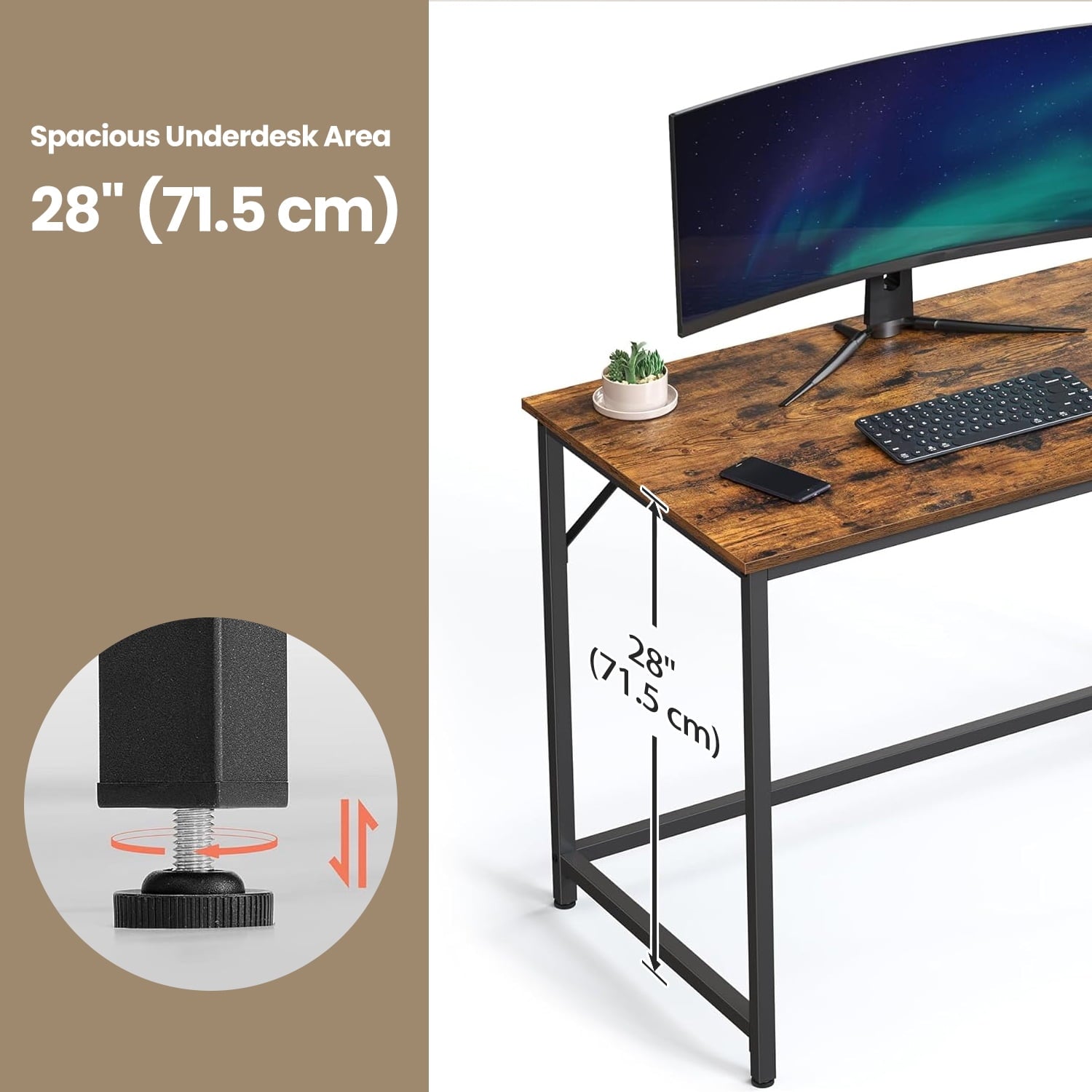 LEDREM Industrial Gaming Desk - 47.2" Compact Computer Desk with Metal Frame, 110lb Capacity, Adjustable Feet, Rustic Brown and Black