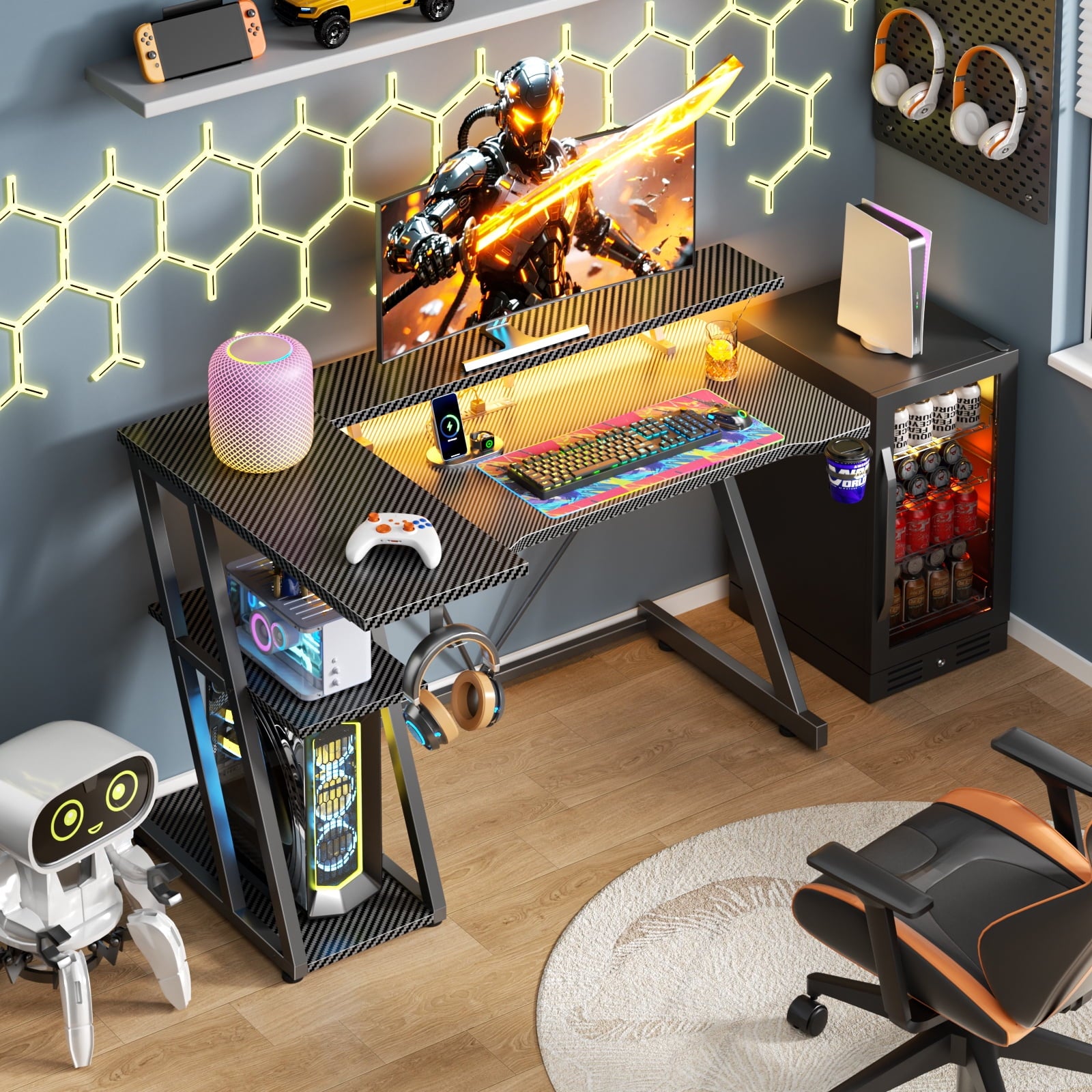 Satifur 39" Pro L-Shaped Gaming Desk Black, RGB LED, Power Hub &amp; Monitor Riser for Ultimate Setup