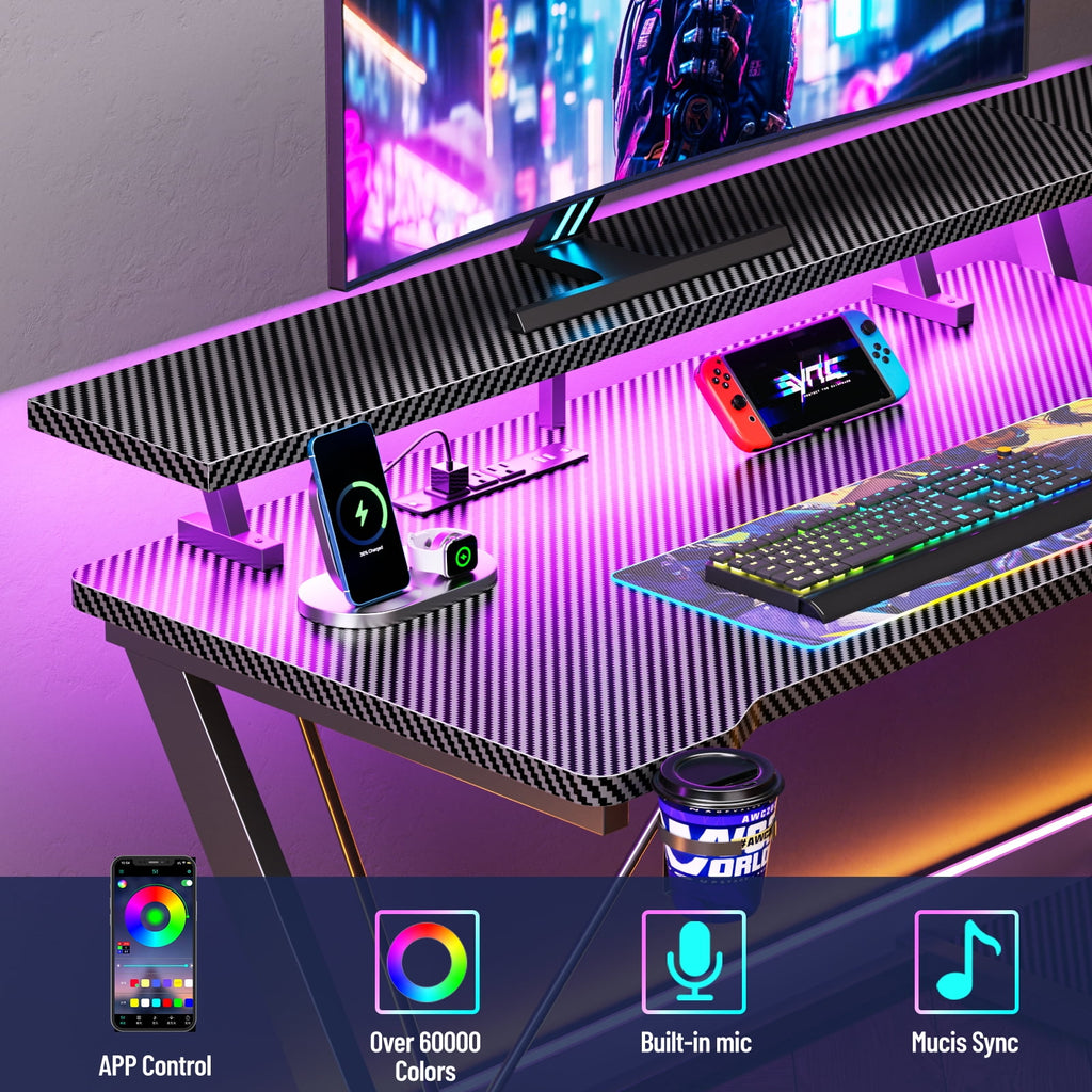 Satifur 39" Pro L-Shaped Gaming Desk Black, RGB LED, Power Hub &amp; Monitor Riser for Ultimate Setup