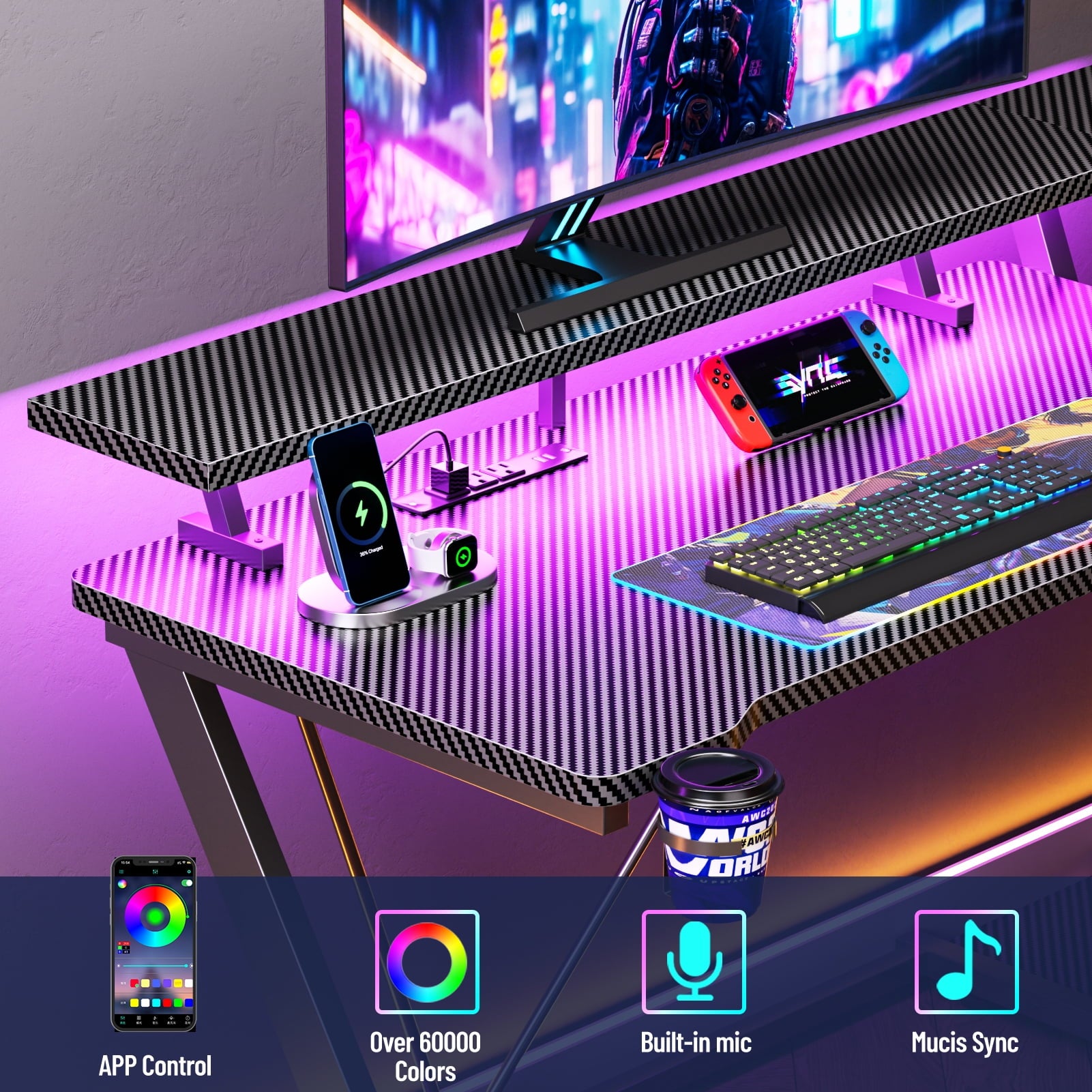 Satifur 39" Pro L-Shaped Gaming Desk Black, RGB LED, Power Hub &amp; Monitor Riser for Ultimate Setup