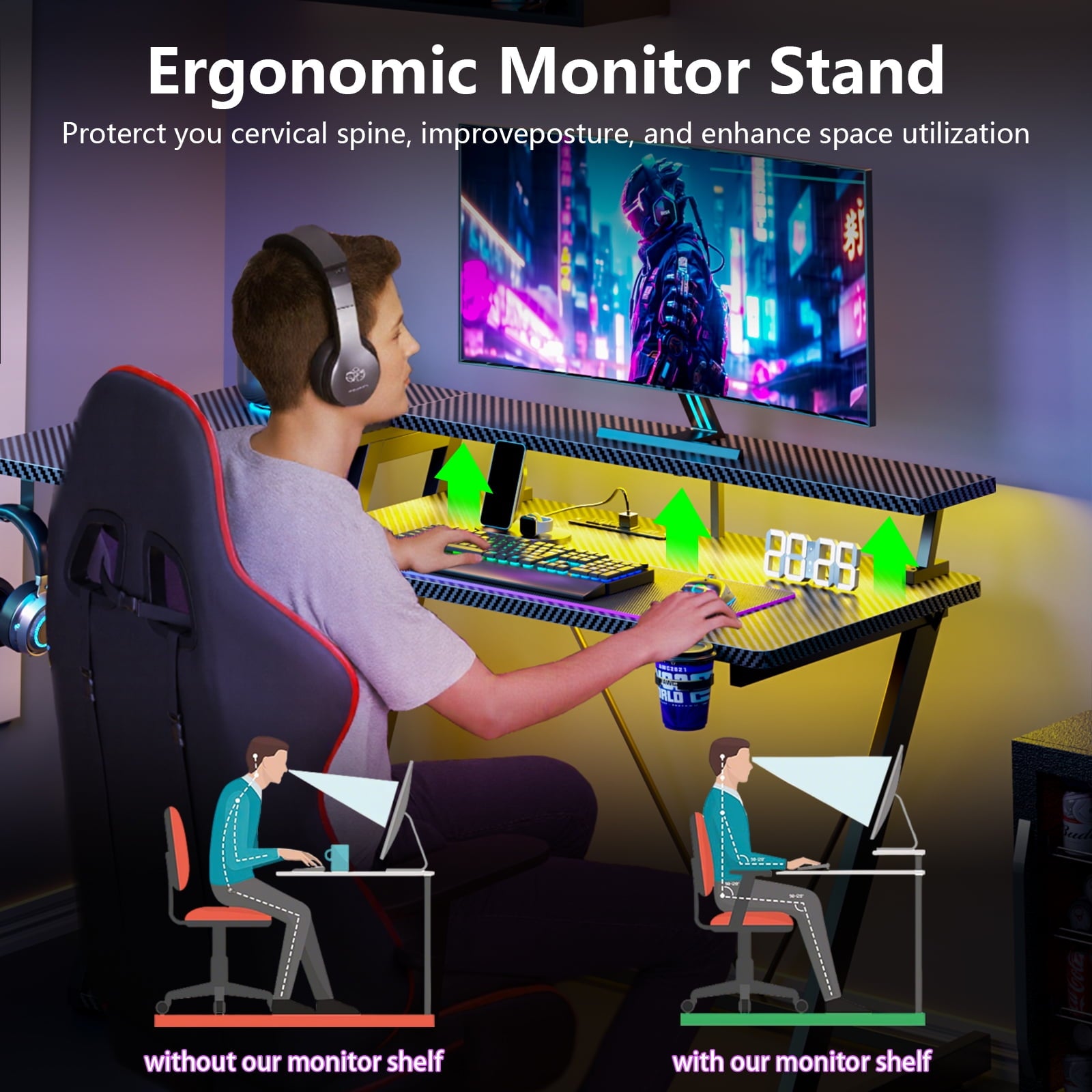 Satifur 39" Pro L-Shaped Gaming Desk Black, RGB LED, Power Hub &amp; Monitor Riser for Ultimate Setup