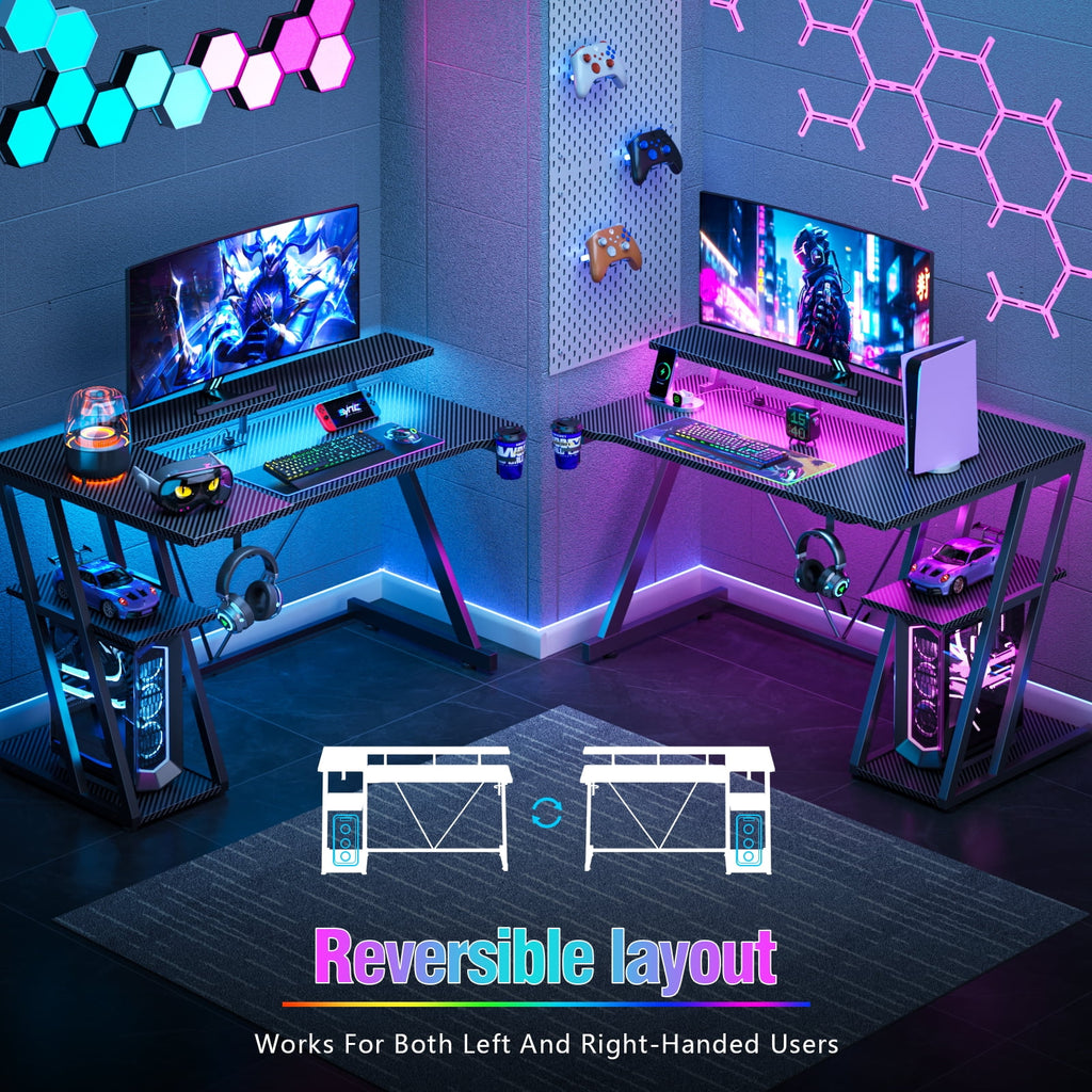 Satifur 39" Pro L-Shaped Gaming Desk Black, RGB LED, Power Hub &amp; Monitor Riser for Ultimate Setup