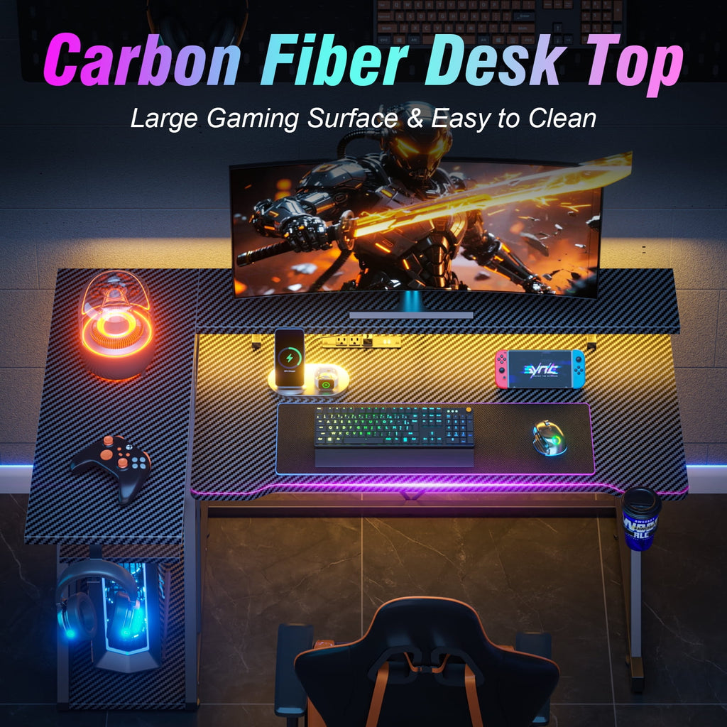 Satifur 39" Pro L-Shaped Gaming Desk Black, RGB LED, Power Hub &amp; Monitor Riser for Ultimate Setup