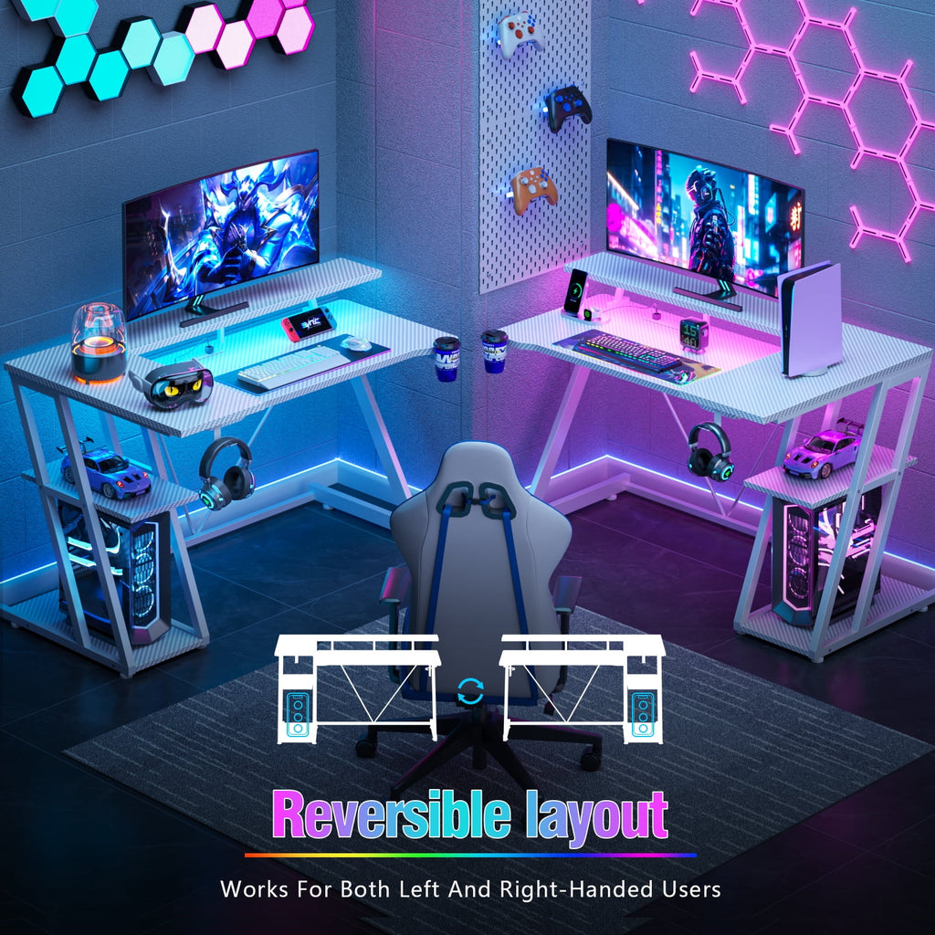 Satifur 39" Pro L-Shaped Gaming Desk Black, RGB LED, Power Hub &amp; Monitor Riser for Ultimate Setup