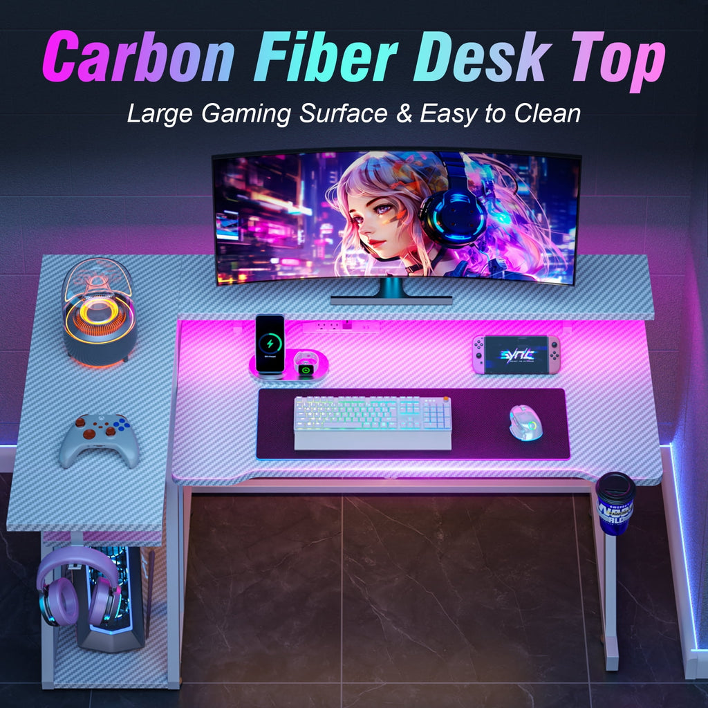 Satifur 39" Pro L-Shaped Gaming Desk Black, RGB LED, Power Hub &amp; Monitor Riser for Ultimate Setup