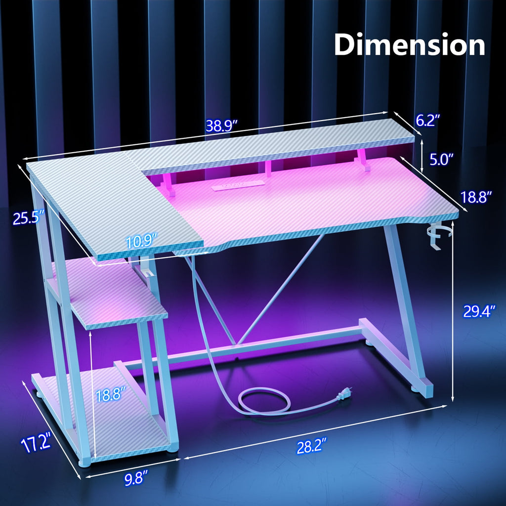 Satifur 39" Pro L-Shaped Gaming Desk Black, RGB LED, Power Hub &amp; Monitor Riser for Ultimate Setup