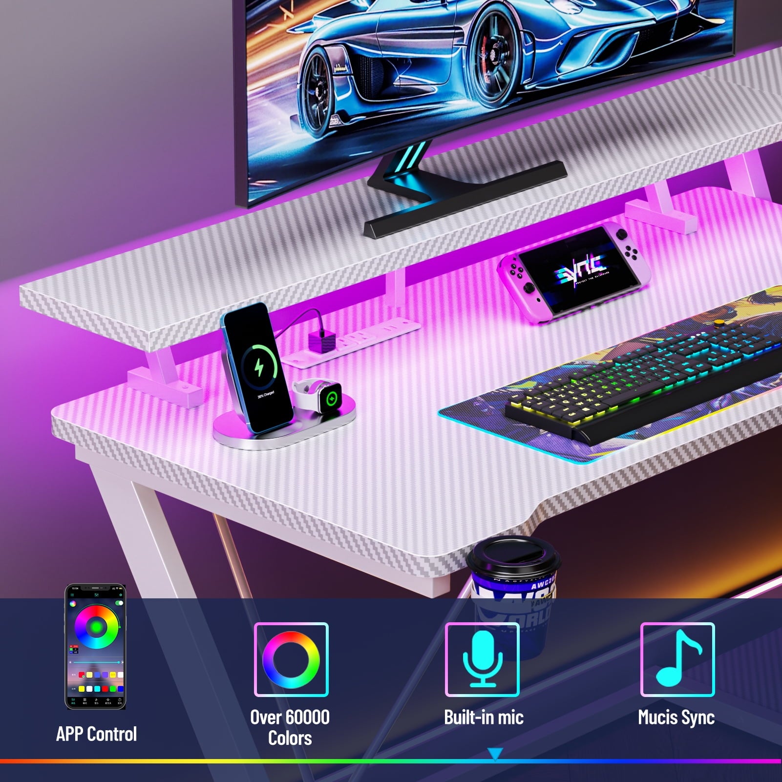 Satifur 39" Pro L-Shaped Gaming Desk Black, RGB LED, Power Hub &amp; Monitor Riser for Ultimate Setup