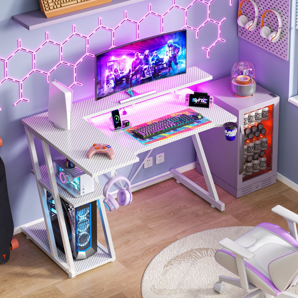 Satifur 39" Pro L-Shaped Gaming Desk Black, RGB LED, Power Hub &amp; Monitor Riser for Ultimate Setup