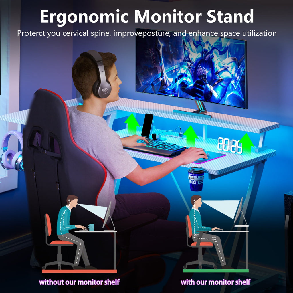 Satifur 39" Pro L-Shaped Gaming Desk Black, RGB LED, Power Hub &amp; Monitor Riser for Ultimate Setup