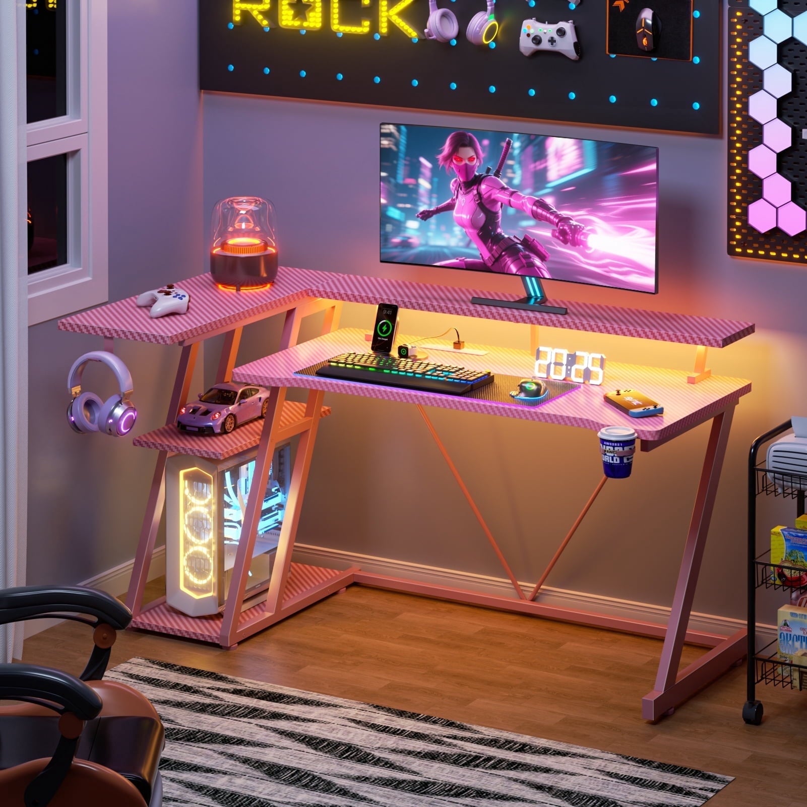 Satifur 39" Pro L-Shaped Gaming Desk Black, RGB LED, Power Hub &amp; Monitor Riser for Ultimate Setup