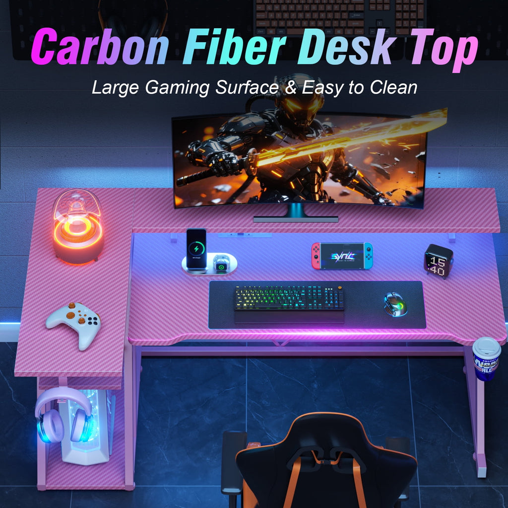 Satifur 39" Pro L-Shaped Gaming Desk Black, RGB LED, Power Hub &amp; Monitor Riser for Ultimate Setup