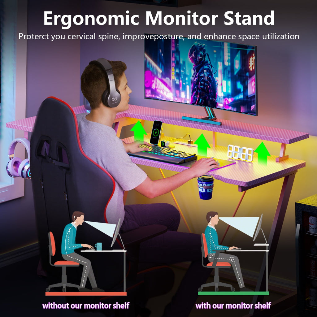 Satifur 39" Pro L-Shaped Gaming Desk Black, RGB LED, Power Hub &amp; Monitor Riser for Ultimate Setup