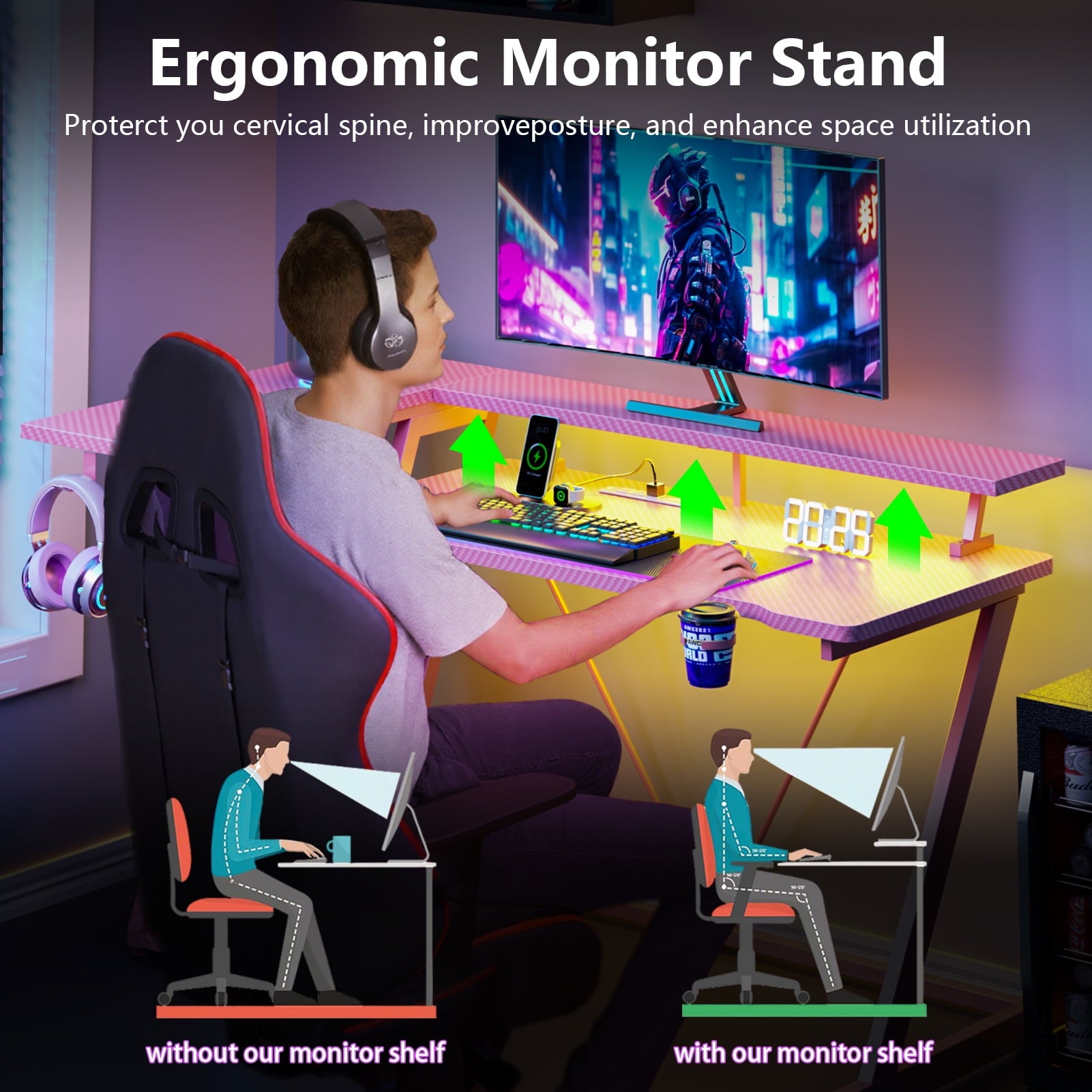 Satifur 39" Pro L-Shaped Gaming Desk Black, RGB LED, Power Hub &amp; Monitor Riser for Ultimate Setup