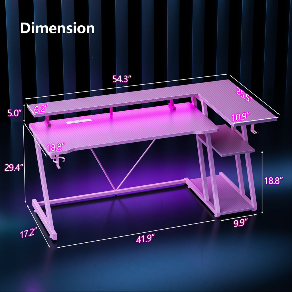 Satifur 39" Pro L-Shaped Gaming Desk Black, RGB LED, Power Hub &amp; Monitor Riser for Ultimate Setup